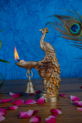 Majestic Peacock Brass Diya with Hanging Bell – Auspicious Pooja & Home Décor