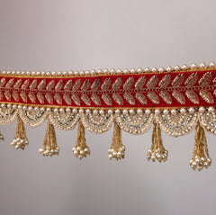 Rajwadi Red Toran – Traditional Door Hanging with Golden Embroidery & Pearl Tassels
