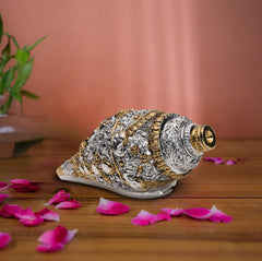 German Silver Shankh with Lord Ganesha Carving – 24 Carat Gold & Silver Electroplated | Makerz & Marvelz