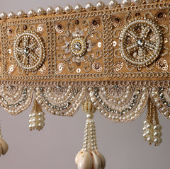 Heritage Harmony Toran – Traditional Golden & Pearl Door Hanging with Intricate Embroidery