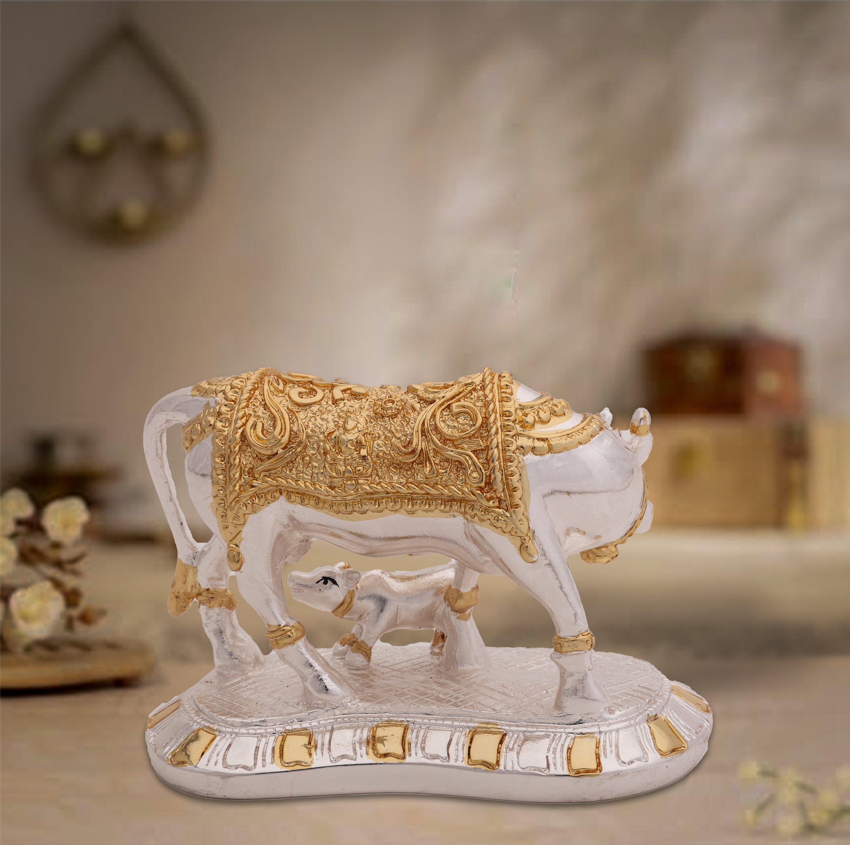 Kaamdhenu Cow with Calf Idol – 24 Carat Gold & Silver Electroplated | Makerz & Marvelz
