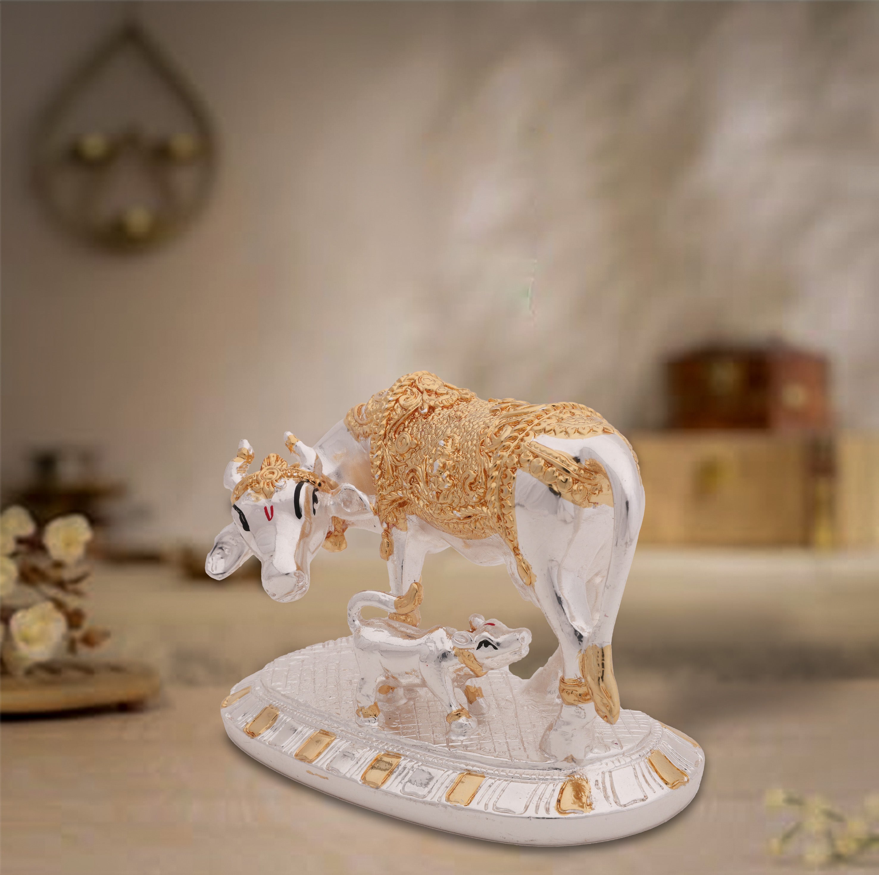 Kaamdhenu Cow with Calf Idol – 24 Carat Gold & Silver Electroplated | Makerz & Marvelz