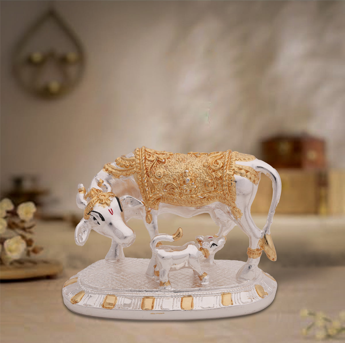 Kaamdhenu Cow with Calf Idol – 24 Carat Gold & Silver Electroplated | Makerz & Marvelz