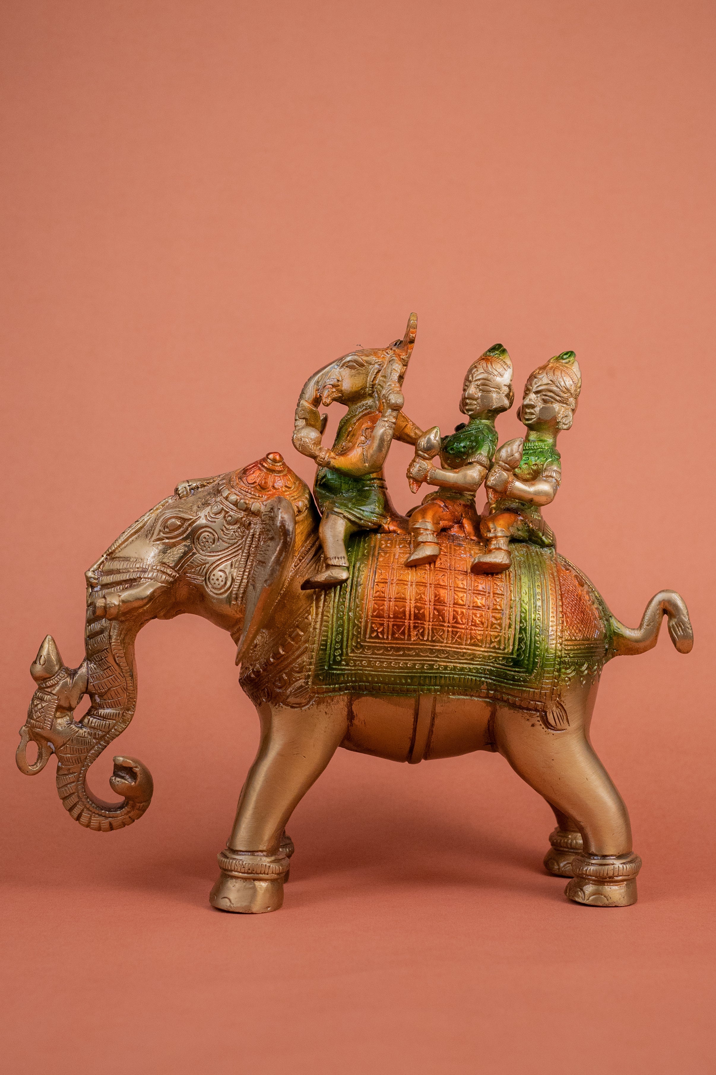 Pure BrassHandcrafted Colored Ridhi Sidhi Ganesh Ji Sitting on Elephant - 8" Height