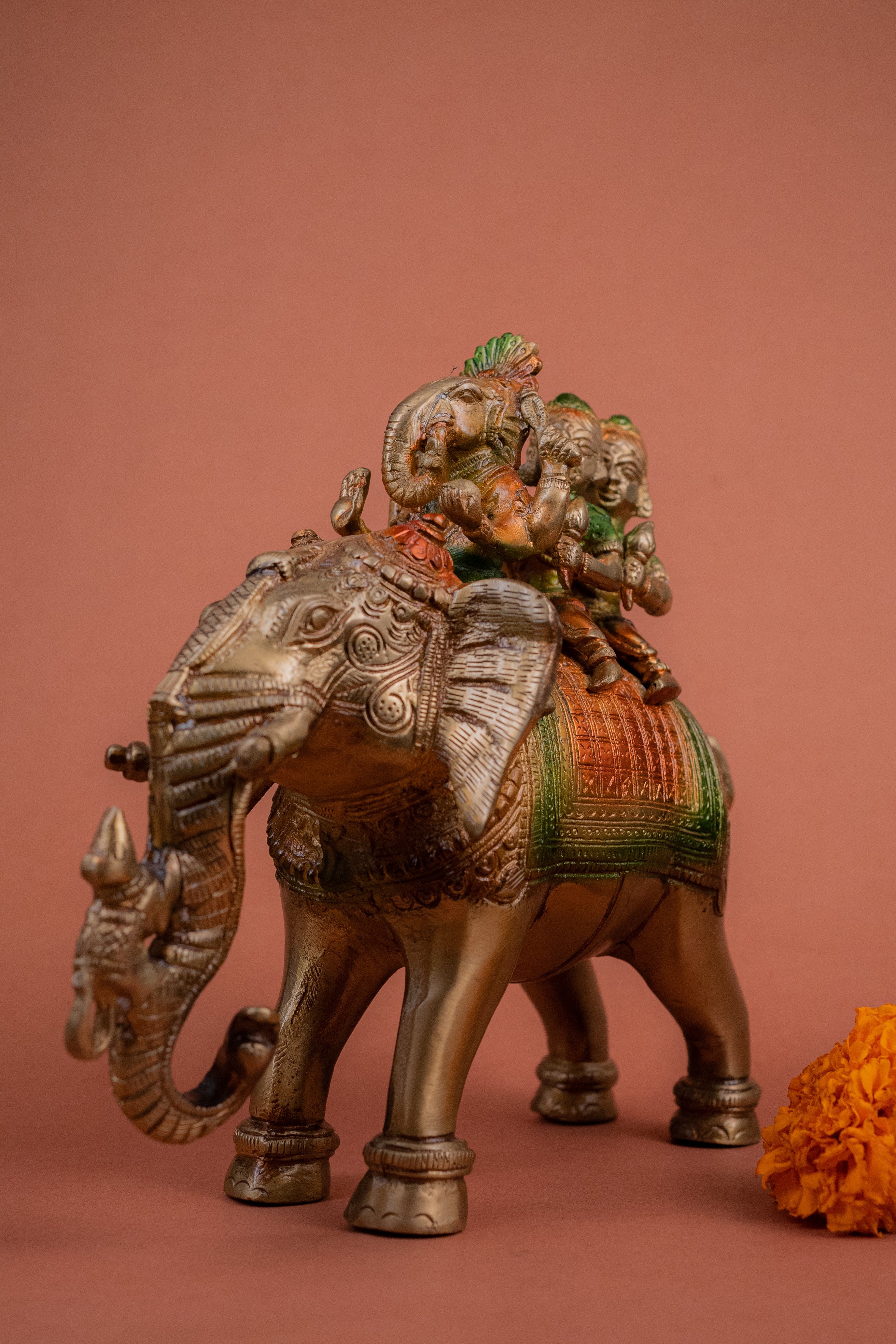 Pure BrassHandcrafted Colored Ridhi Sidhi Ganesh Ji Sitting on Elephant - 8" Height