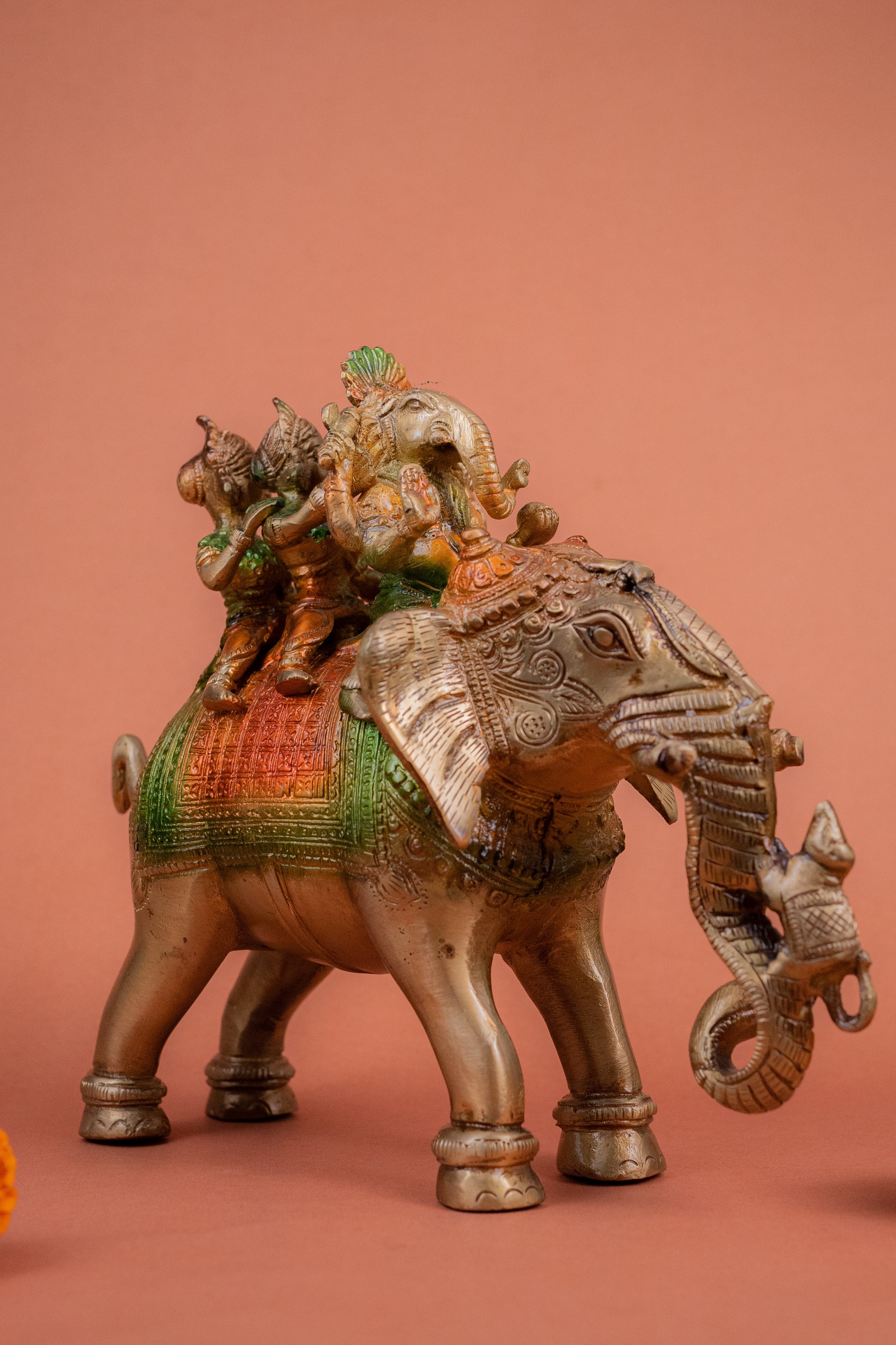 Pure BrassHandcrafted Colored Ridhi Sidhi Ganesh Ji Sitting on Elephant - 8" Height