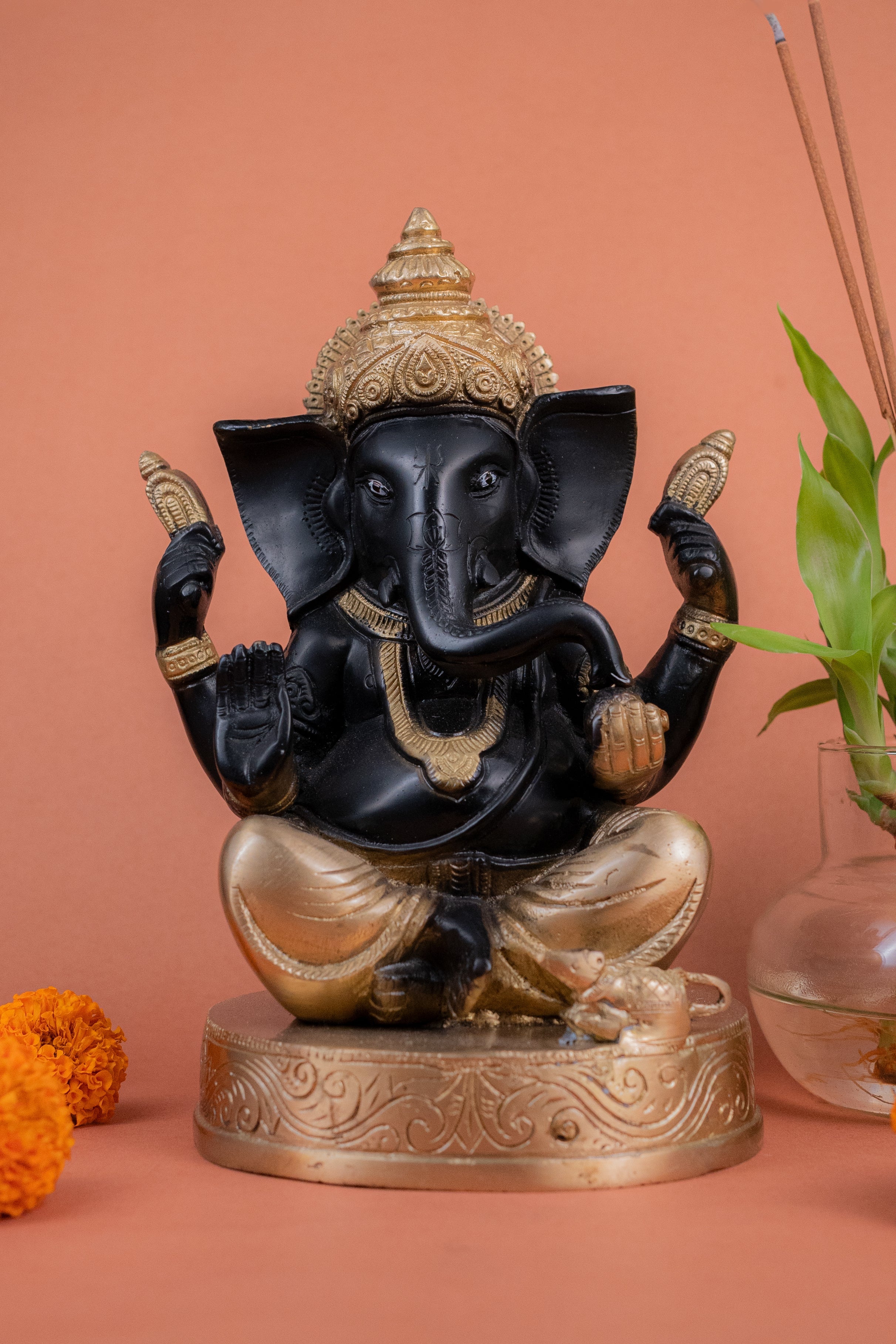Pure Brass Handcrafted Ganesh Ji Sitting on Gaddi - 9" Height