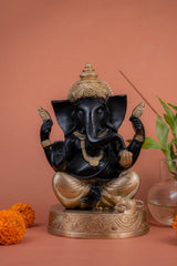 Pure Brass Handcrafted Ganesh Ji Sitting on Gaddi - 9" Height