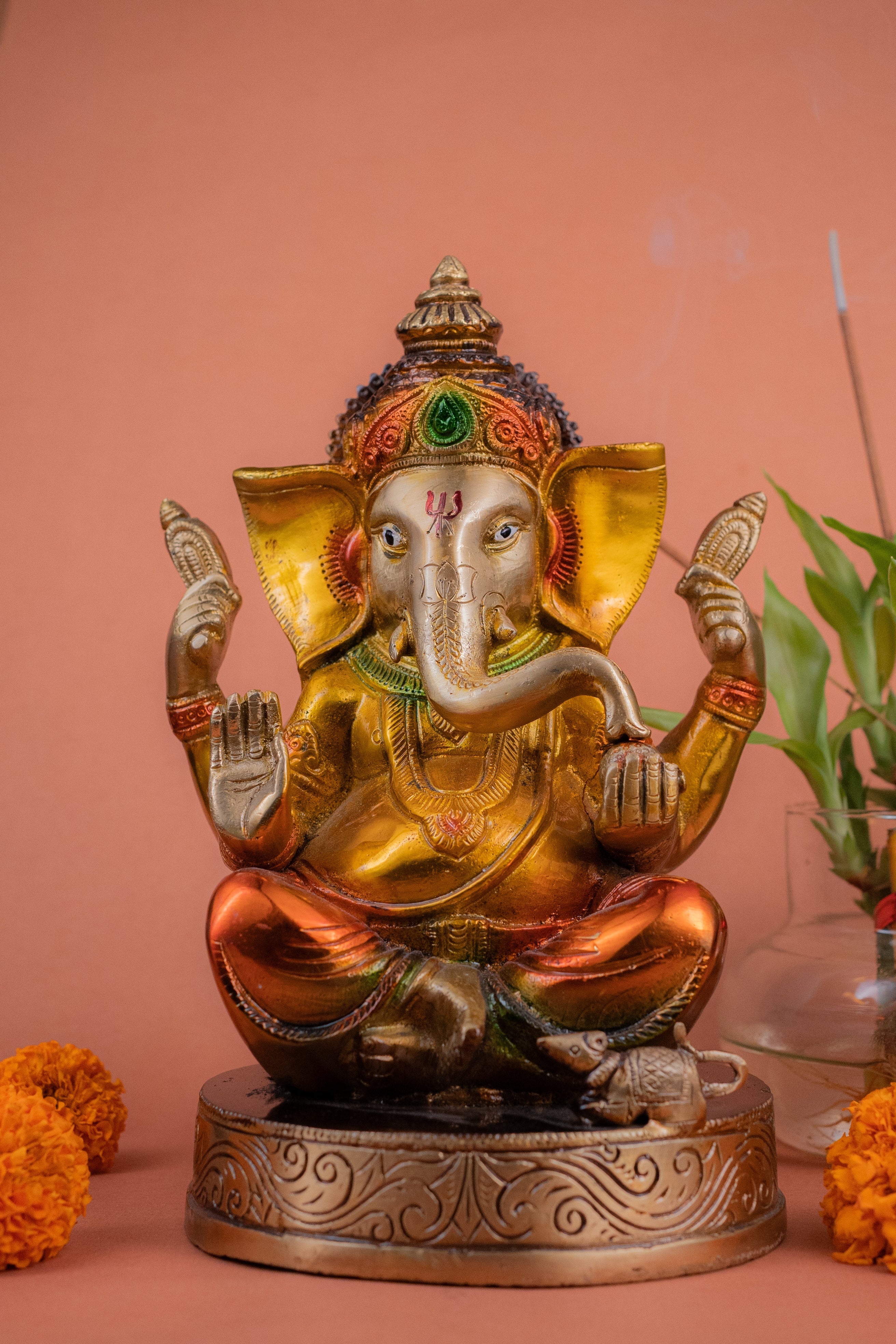 Brass Ganesh Ji Sitting on Gaddi - 8" Height