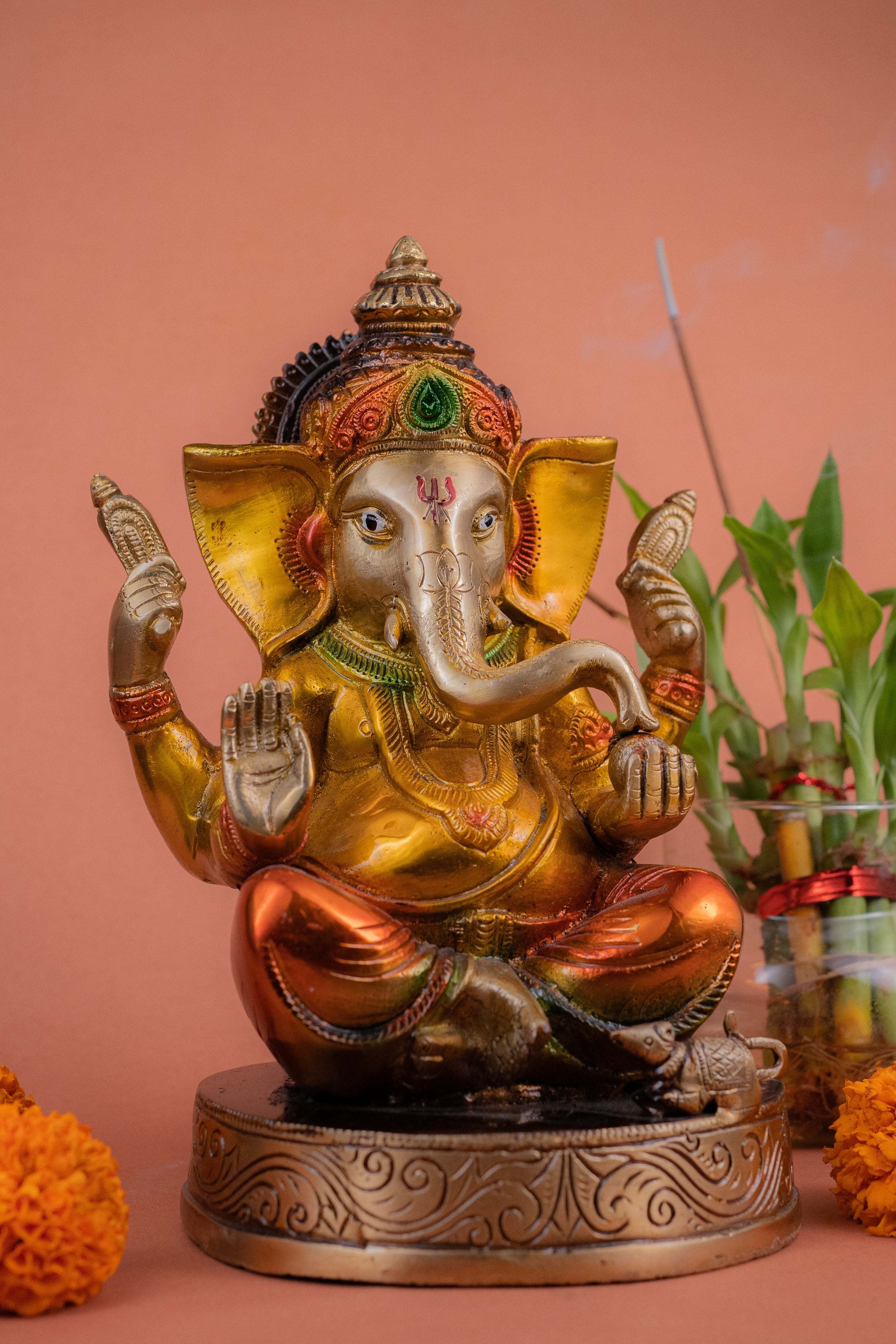 Brass Ganesh Ji Sitting on Gaddi - 8" Height
