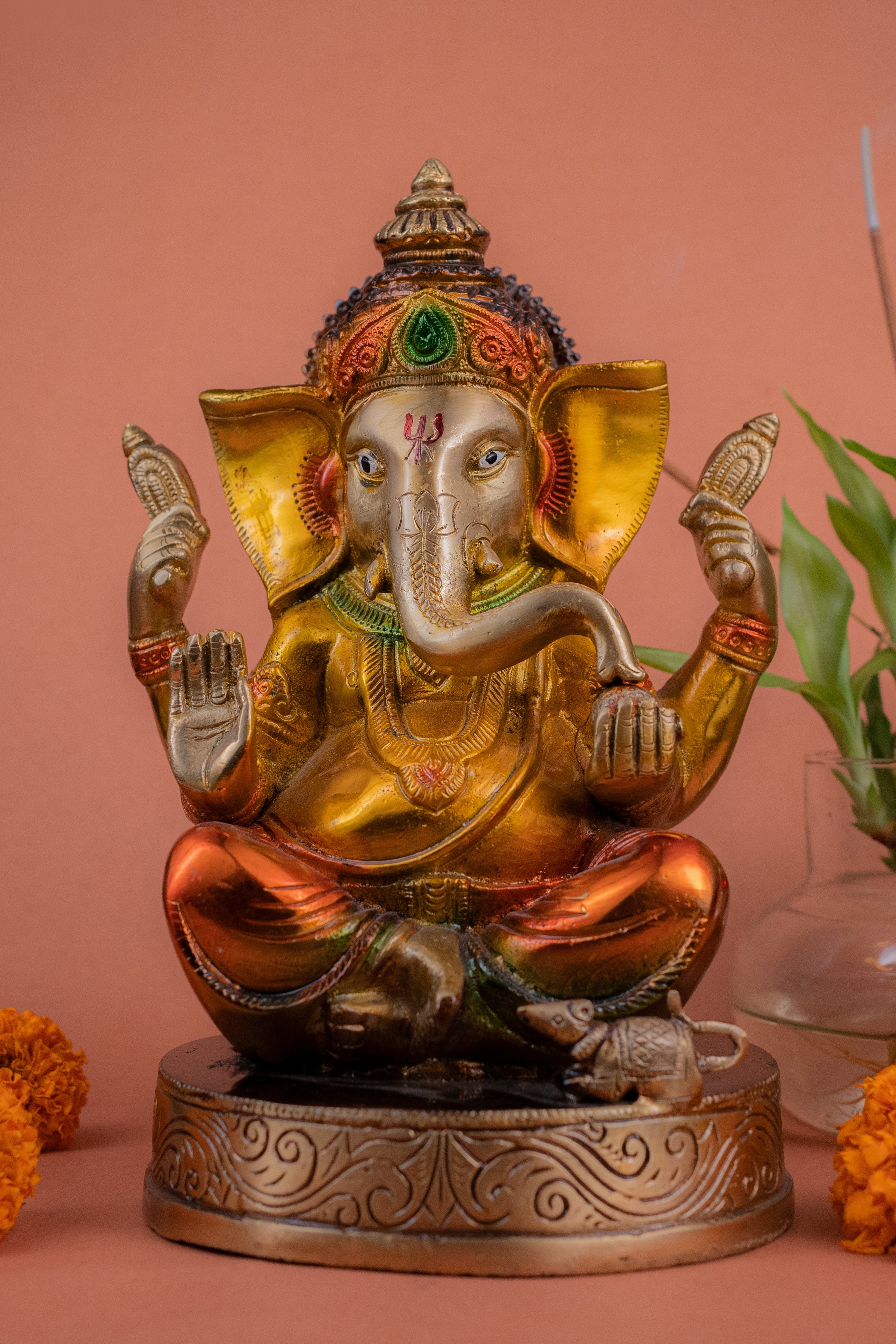 Brass Ganesh Ji Sitting on Gaddi - 8" Height