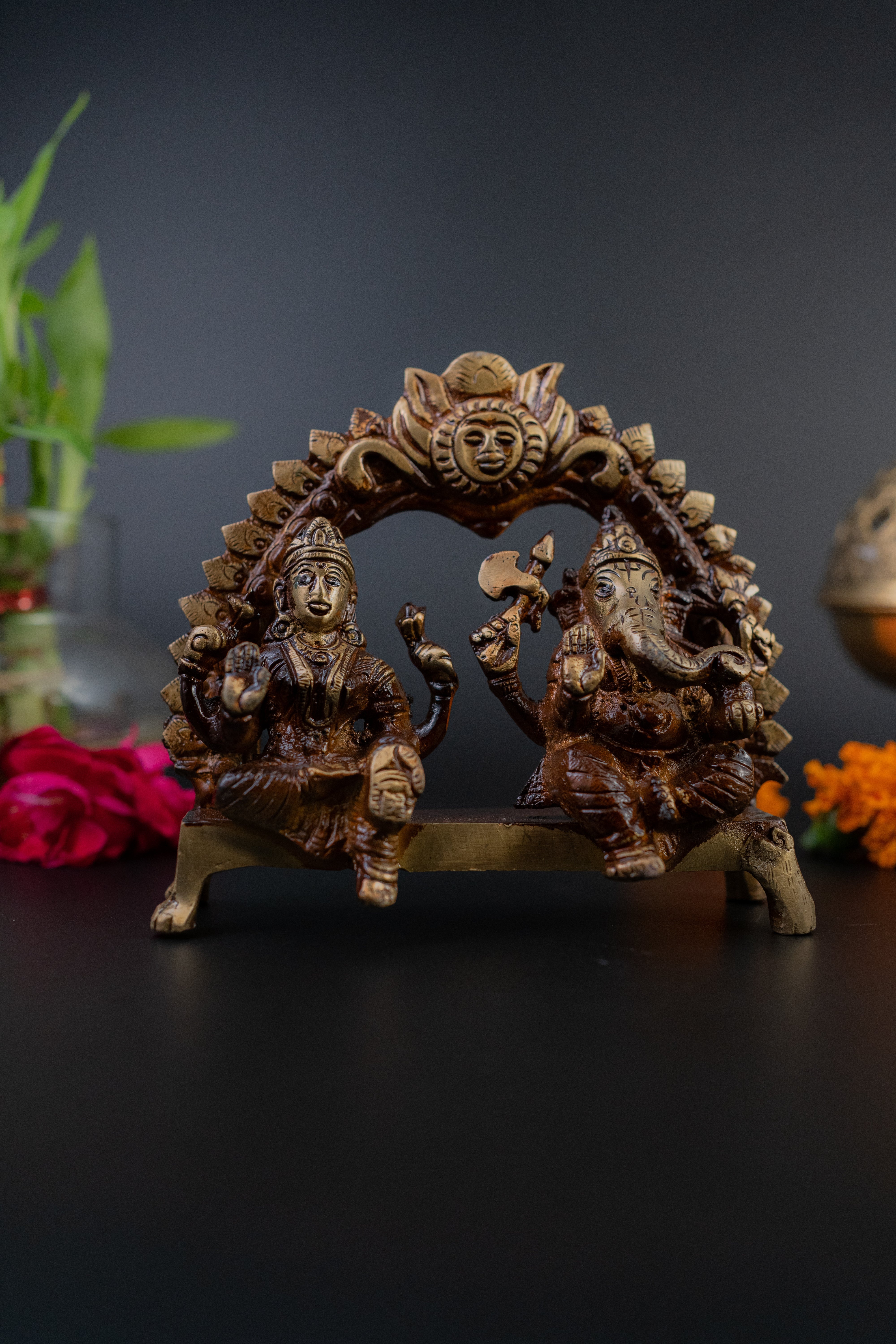 Brass Antique Lakshmi Ganesh Seated with Arch