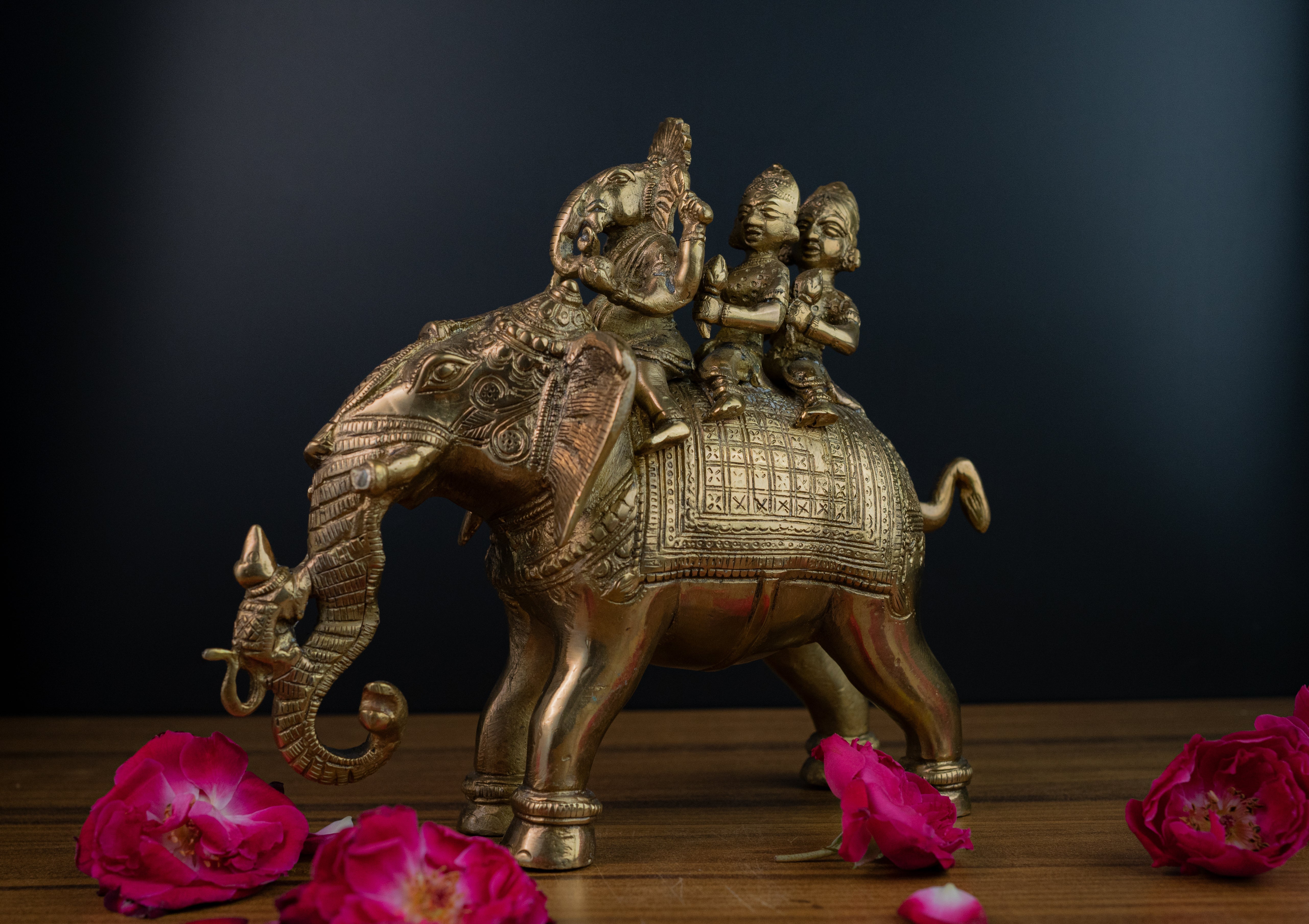 Pure Brass Ridhi Sidhi Ganesh Ji Sitting on Elephant - 8" Height