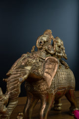 Pure Brass Ridhi Sidhi Ganesh Ji Sitting on Elephant - 8" Height
