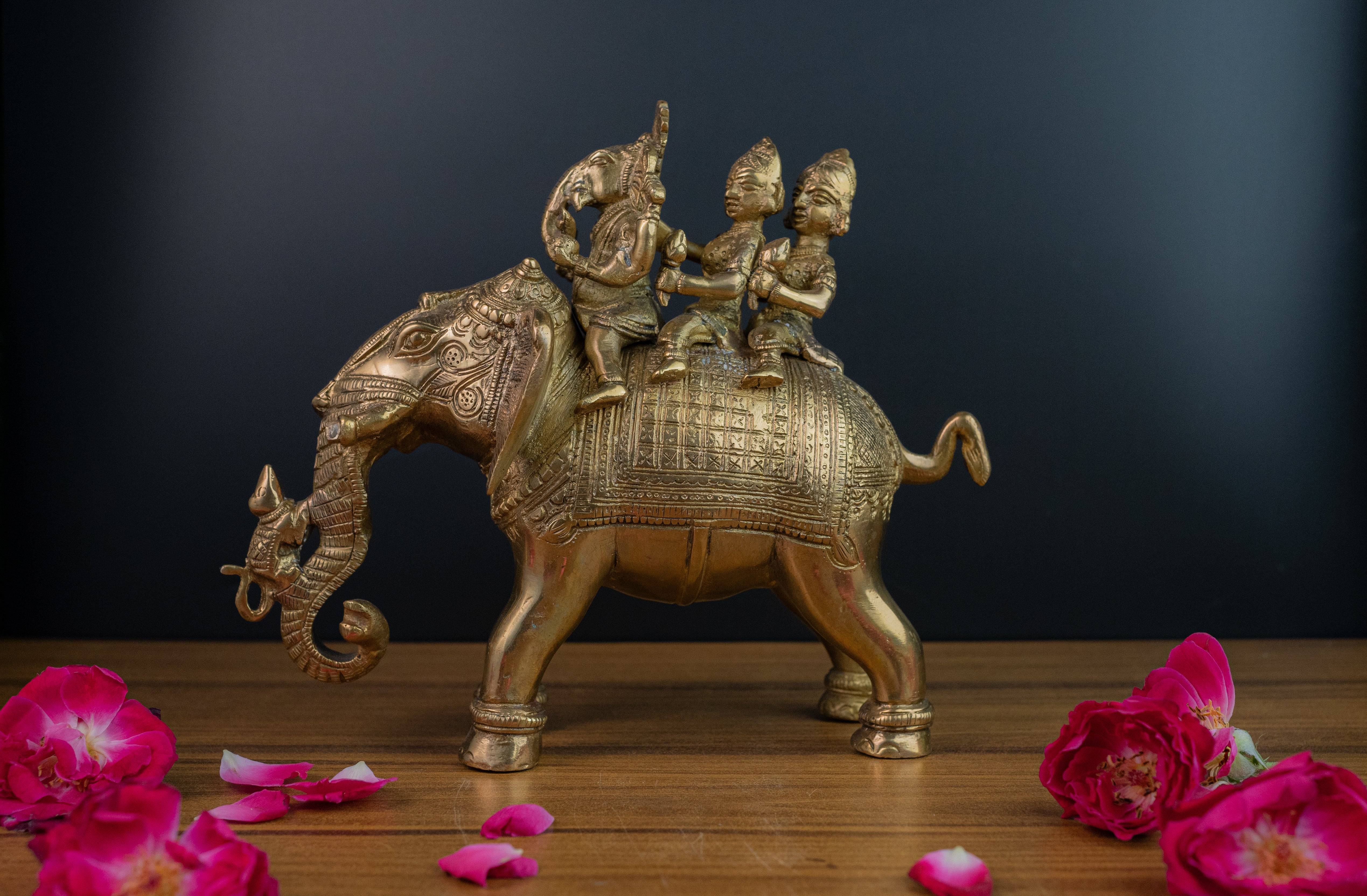 Pure Brass Ridhi Sidhi Ganesh Ji Sitting on Elephant - 8" Height