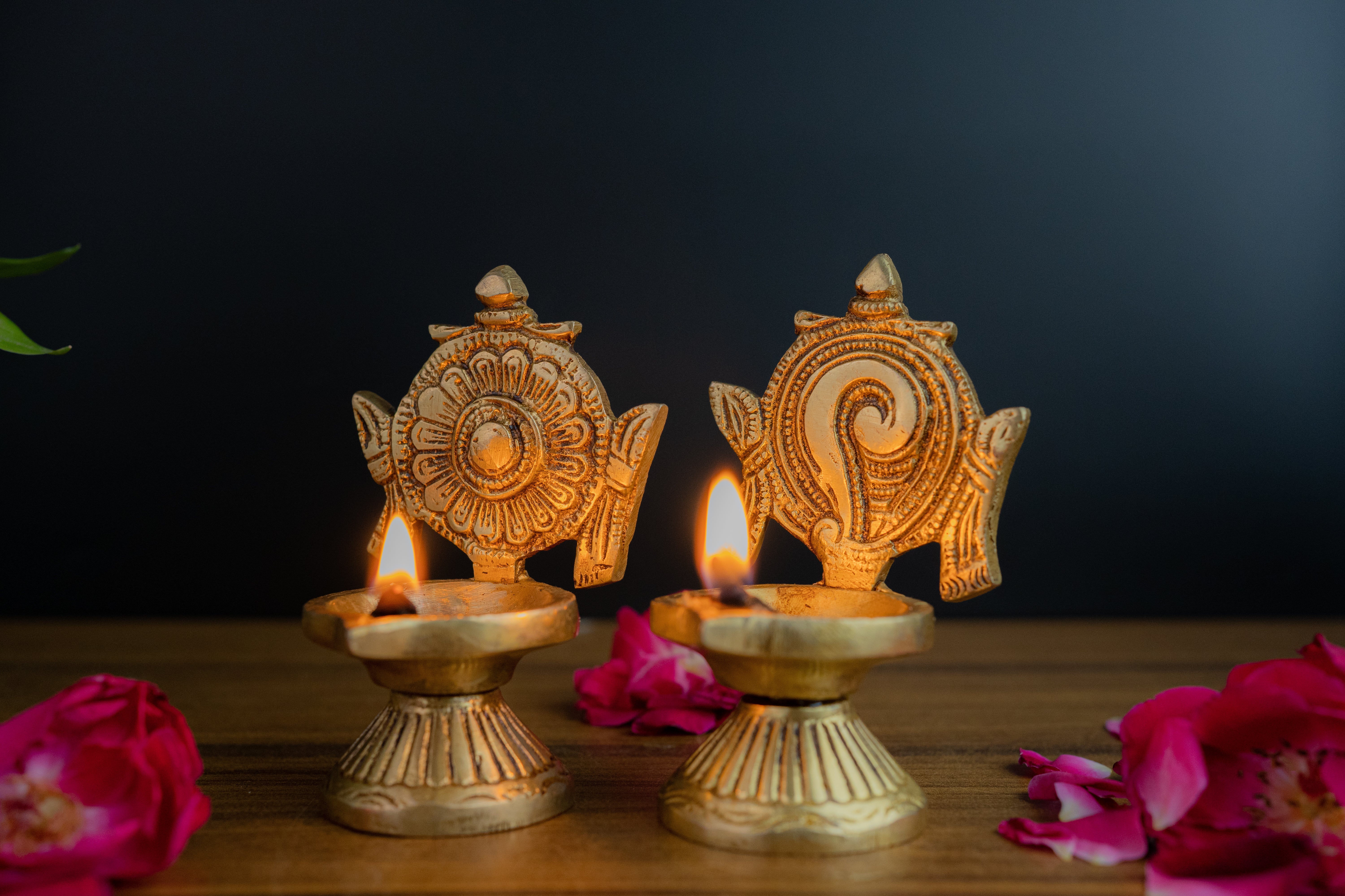 Brass Shankh Chakra Diya Pair – Sacred Twin Oil Lamps