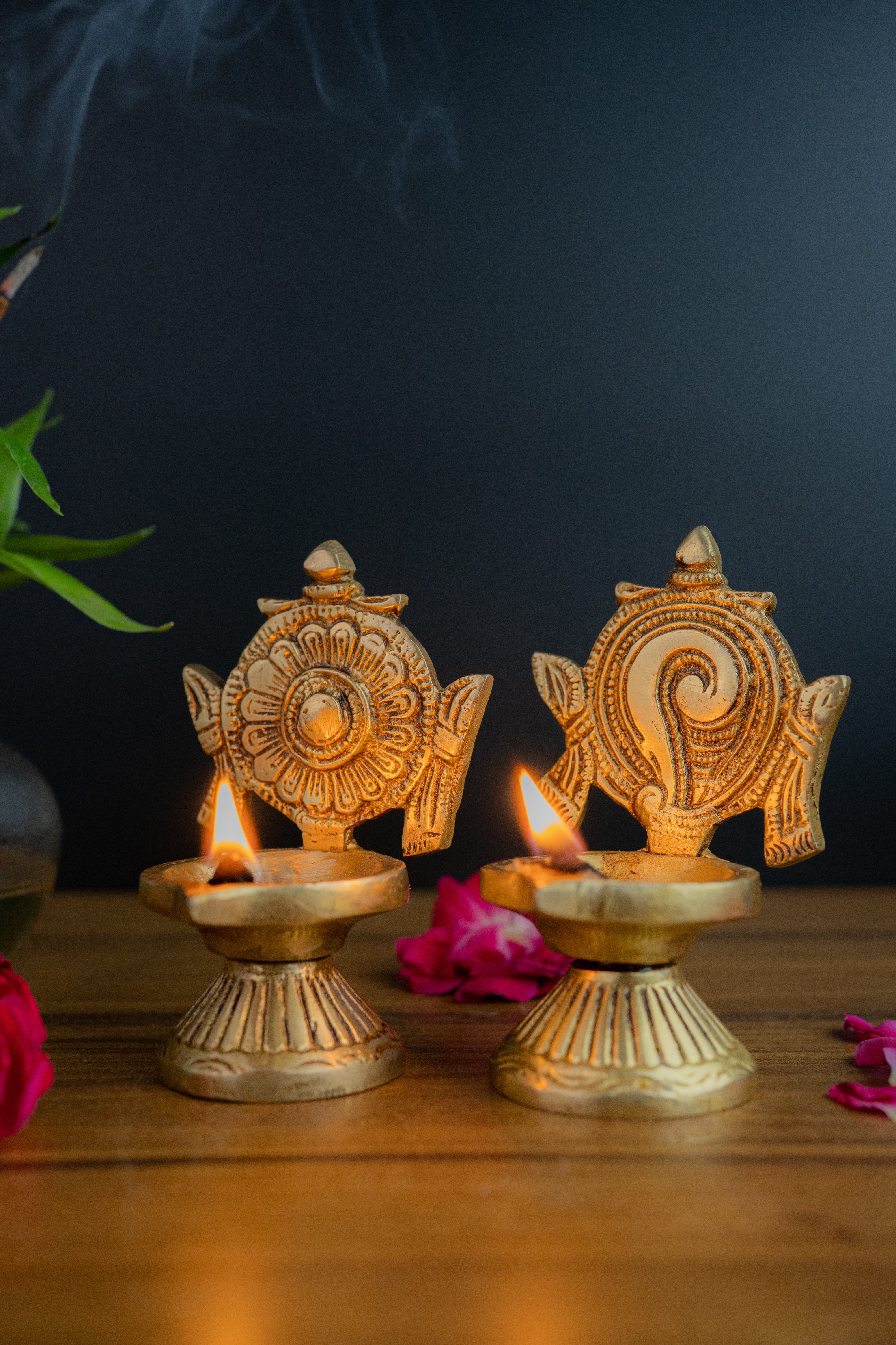 Brass Shankh Chakra Diya Pair – Sacred Twin Oil Lamps