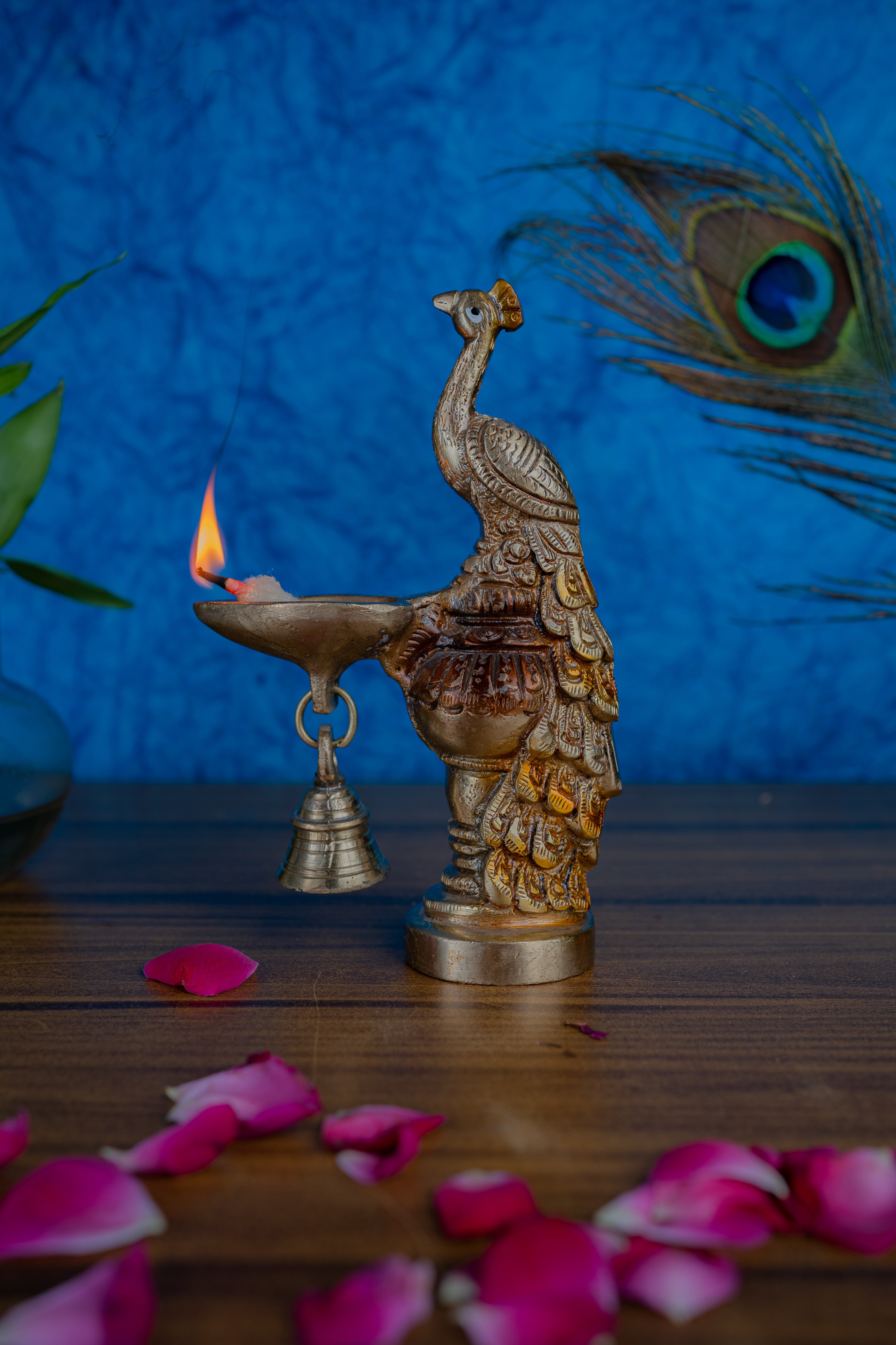 Majestic Peacock Brass Diya with Hanging Bell – Auspicious Pooja & Home Décor