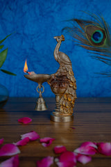 Majestic Peacock Brass Diya with Hanging Bell – Auspicious Pooja & Home Décor