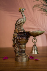 Majestic Peacock Brass Diya with Hanging Bell – Auspicious Pooja & Home Décor