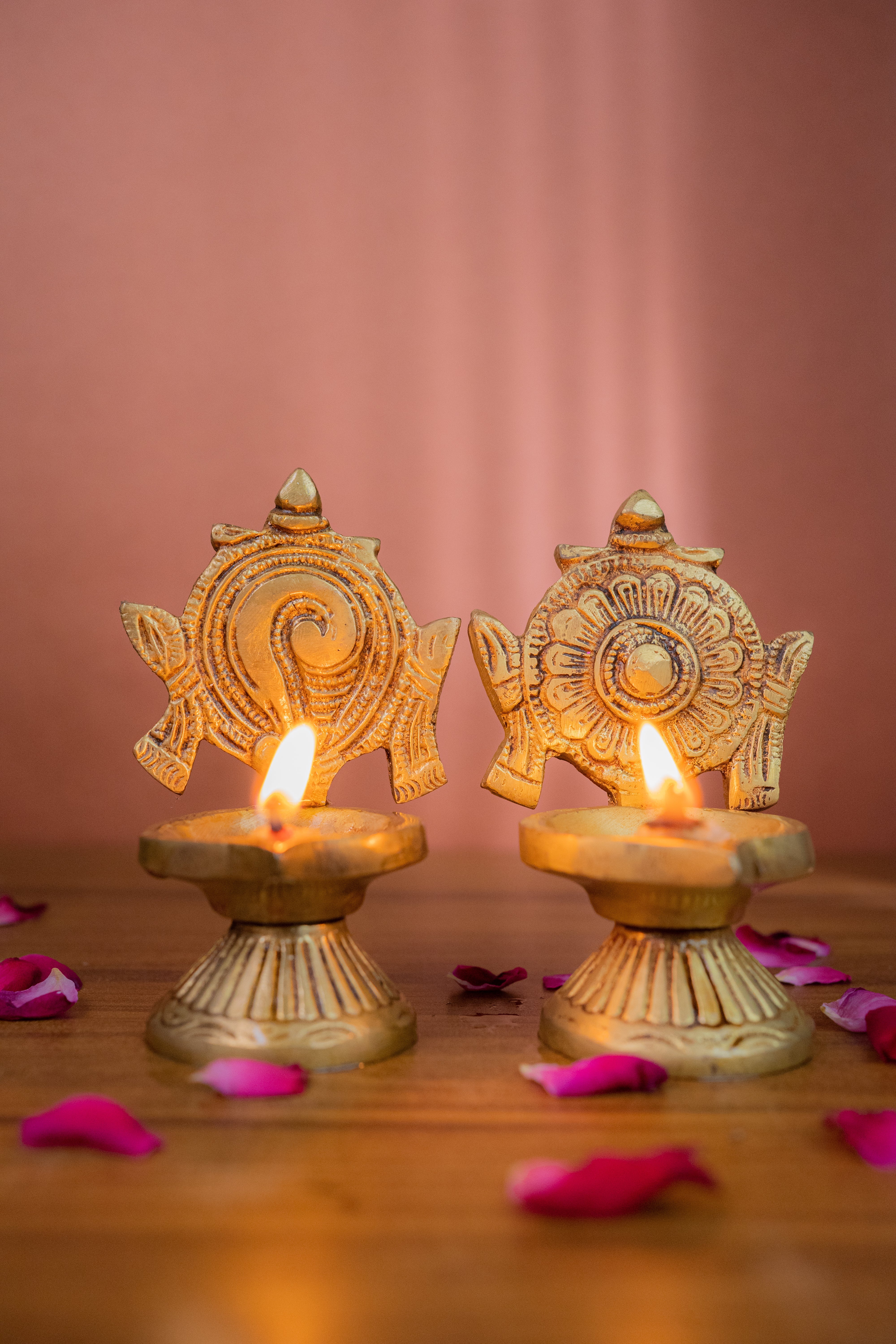 Brass Shankh Chakra Diya Pair – Sacred Twin Oil Lamps