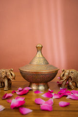 Brass Antique Brass Bowl with Lid - Carved
