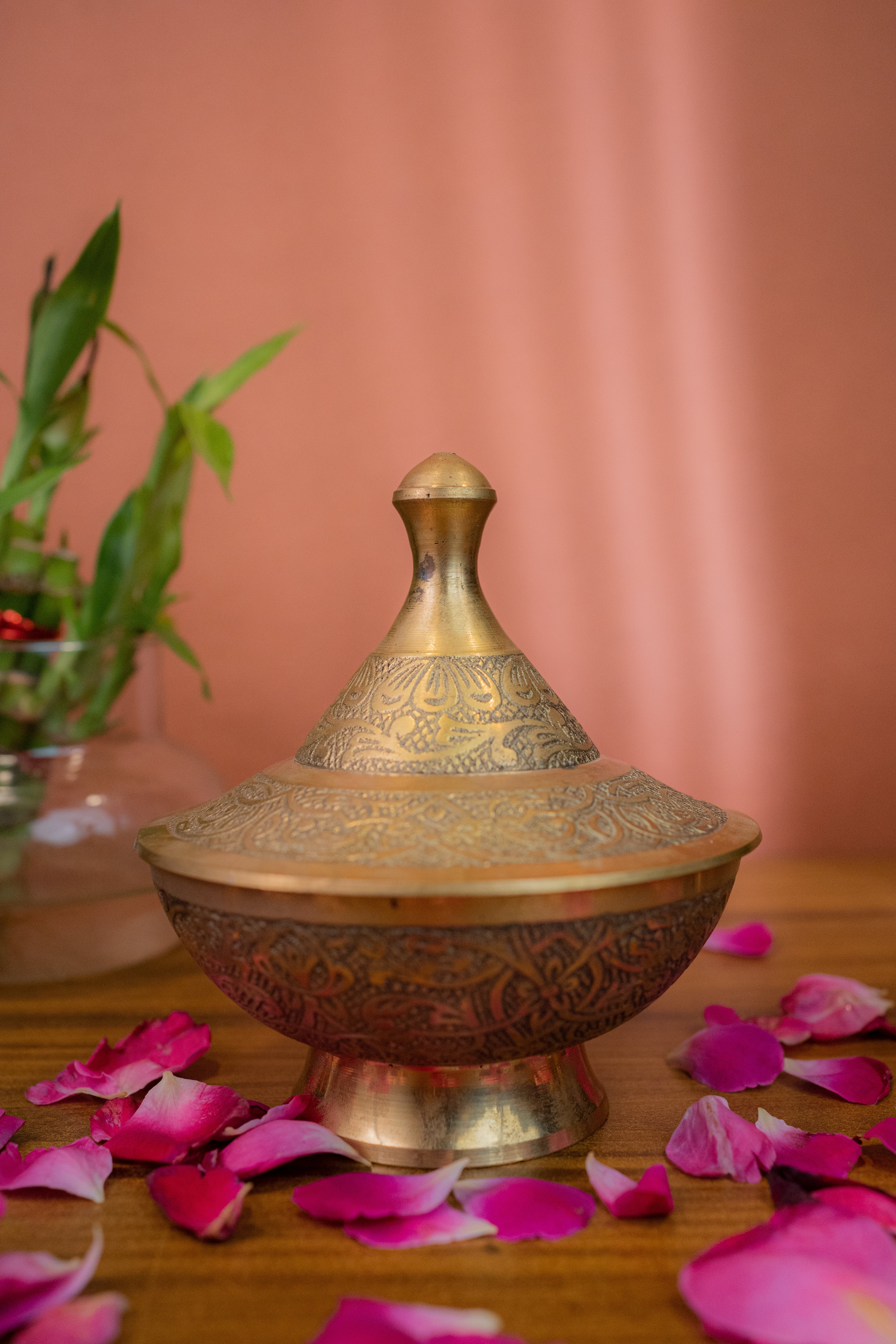 Brass Antique Brass Bowl with Lid - Carved