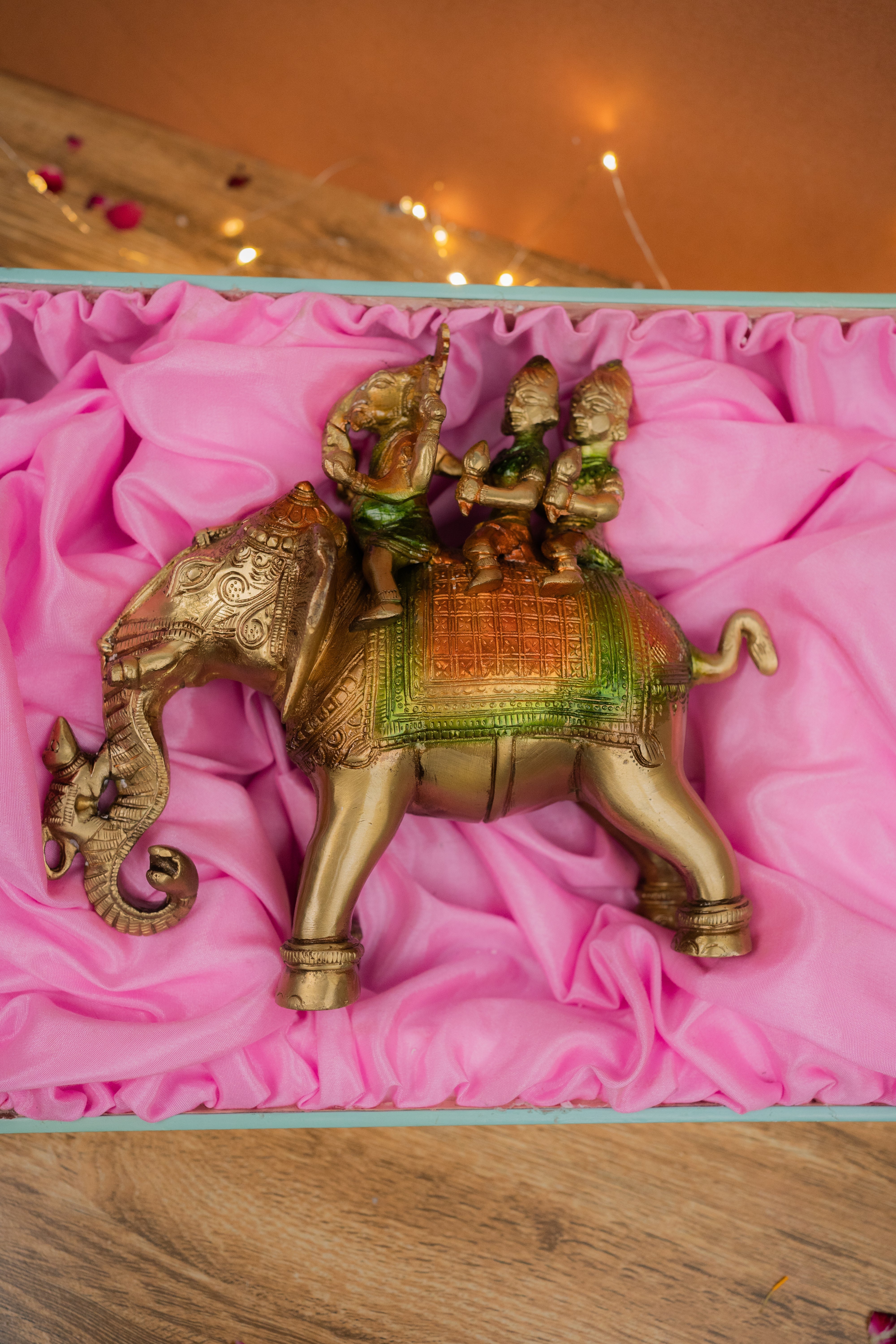 Pure BrassHandcrafted Colored Ridhi Sidhi Ganesh Ji Sitting on Elephant - 8" Height