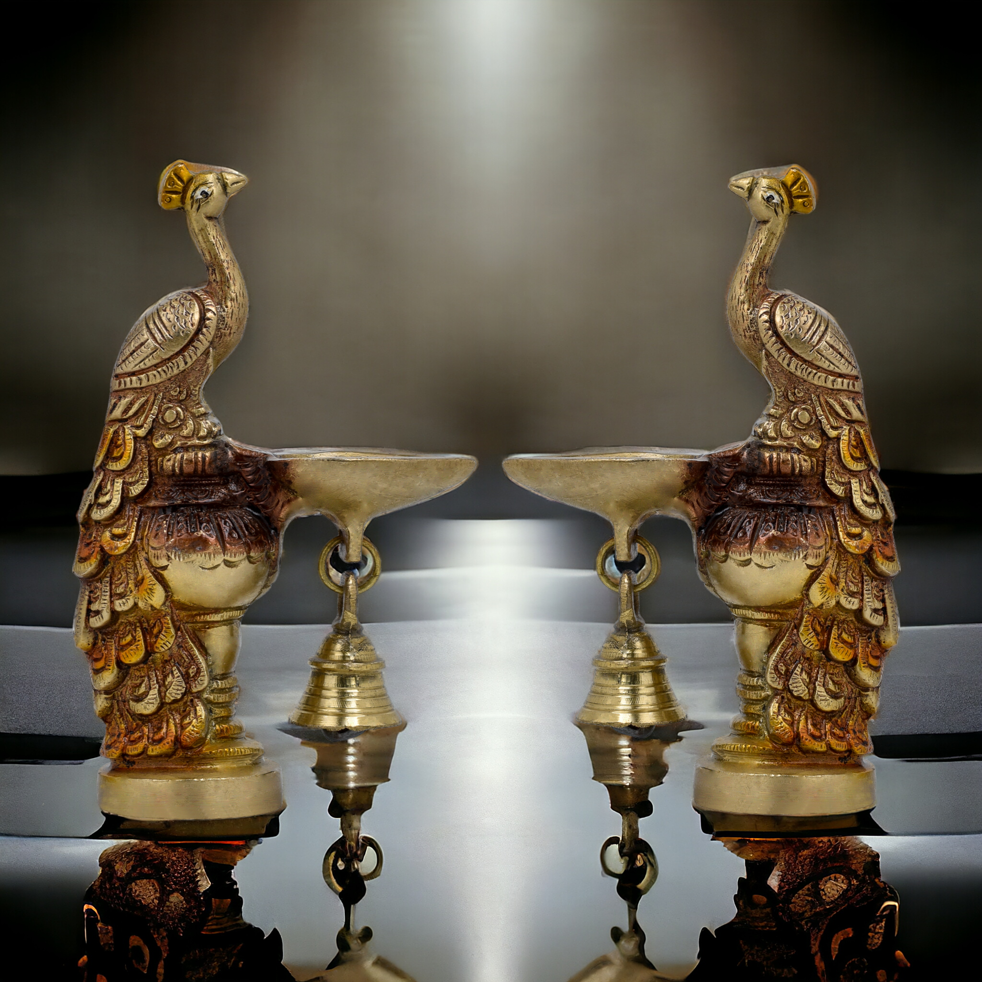 Majestic Peacock Brass Diya with Hanging Bell – Auspicious Pooja & Home Décor