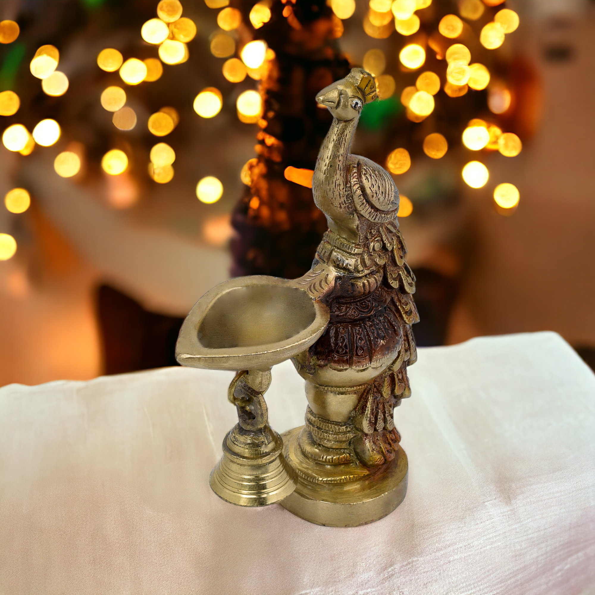 Majestic Peacock Brass Diya with Hanging Bell – Auspicious Pooja & Home Décor