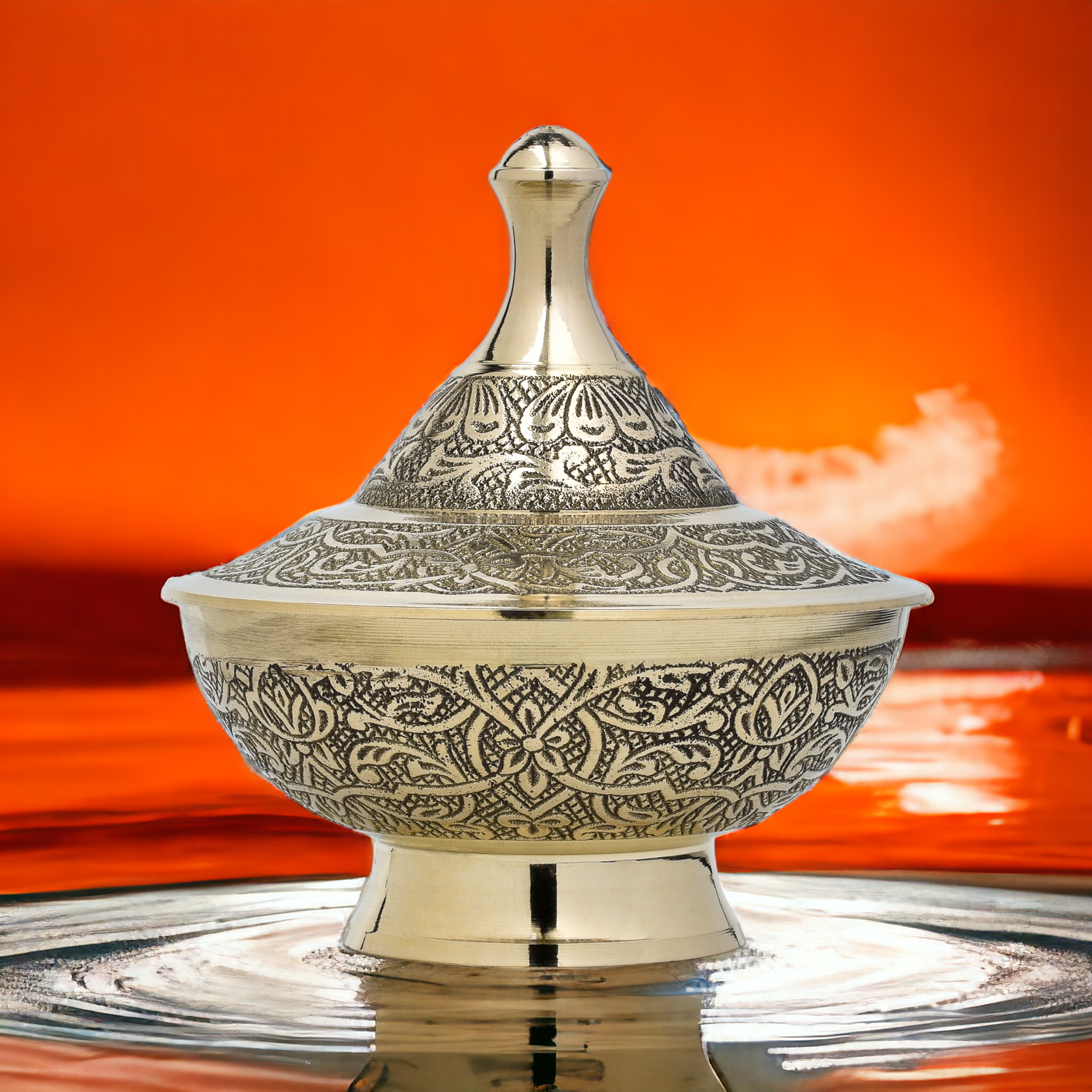 Brass Antique Brass Bowl with Lid - Carved