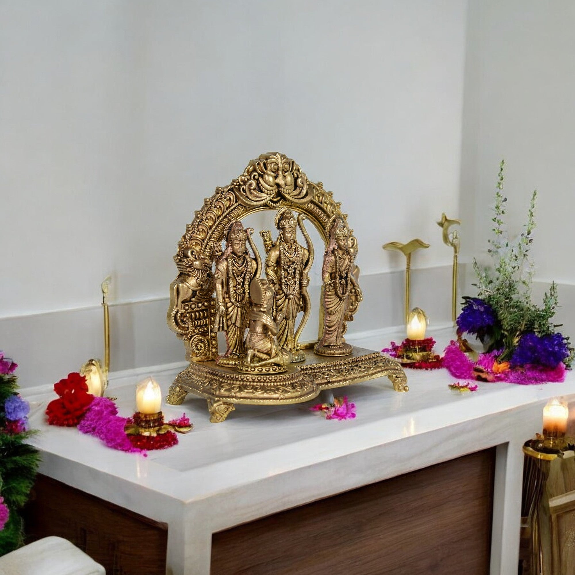 Ram Darbar Brass Idol – Lord Ram, Sita, Lakshman & Hanuman Murti – Handcrafted Pooja & Home Temple Décor