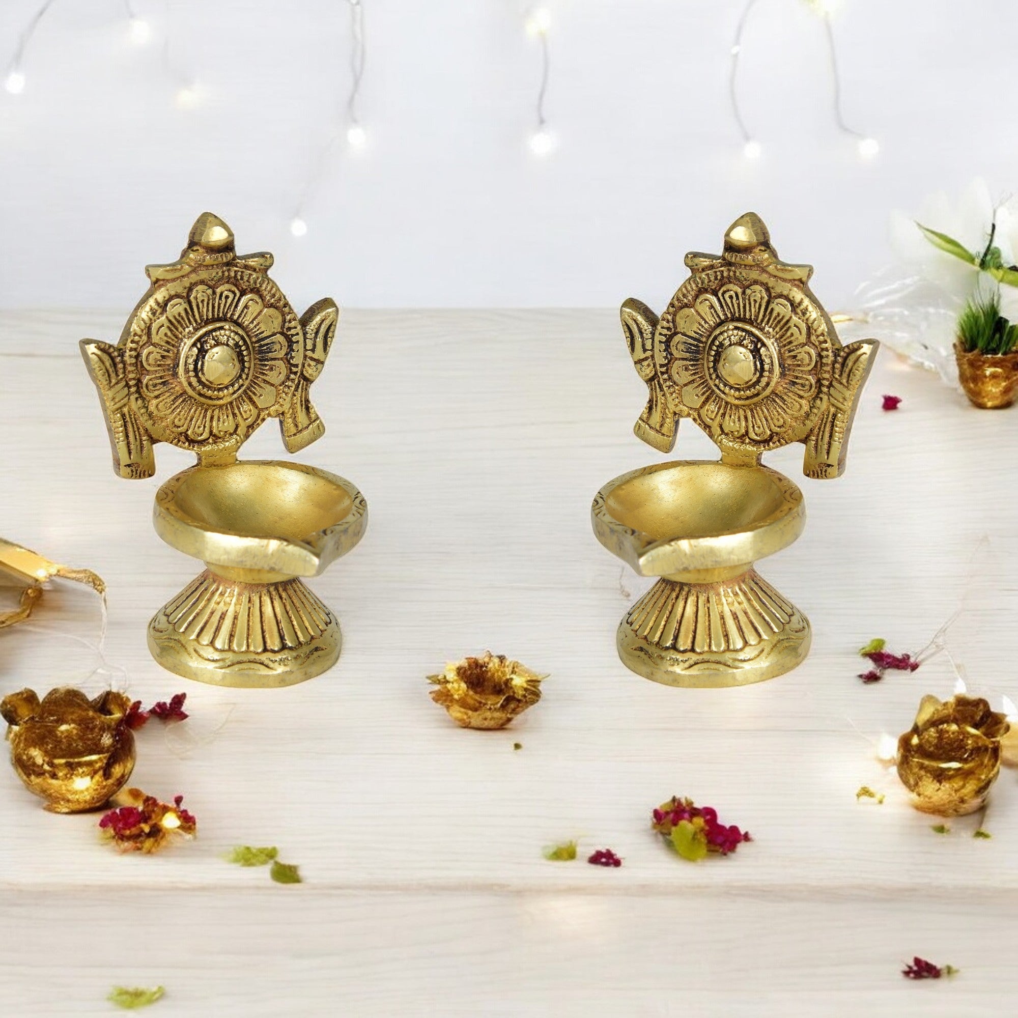 Brass Shankh Chakra Diya Pair – Sacred Twin Oil Lamps