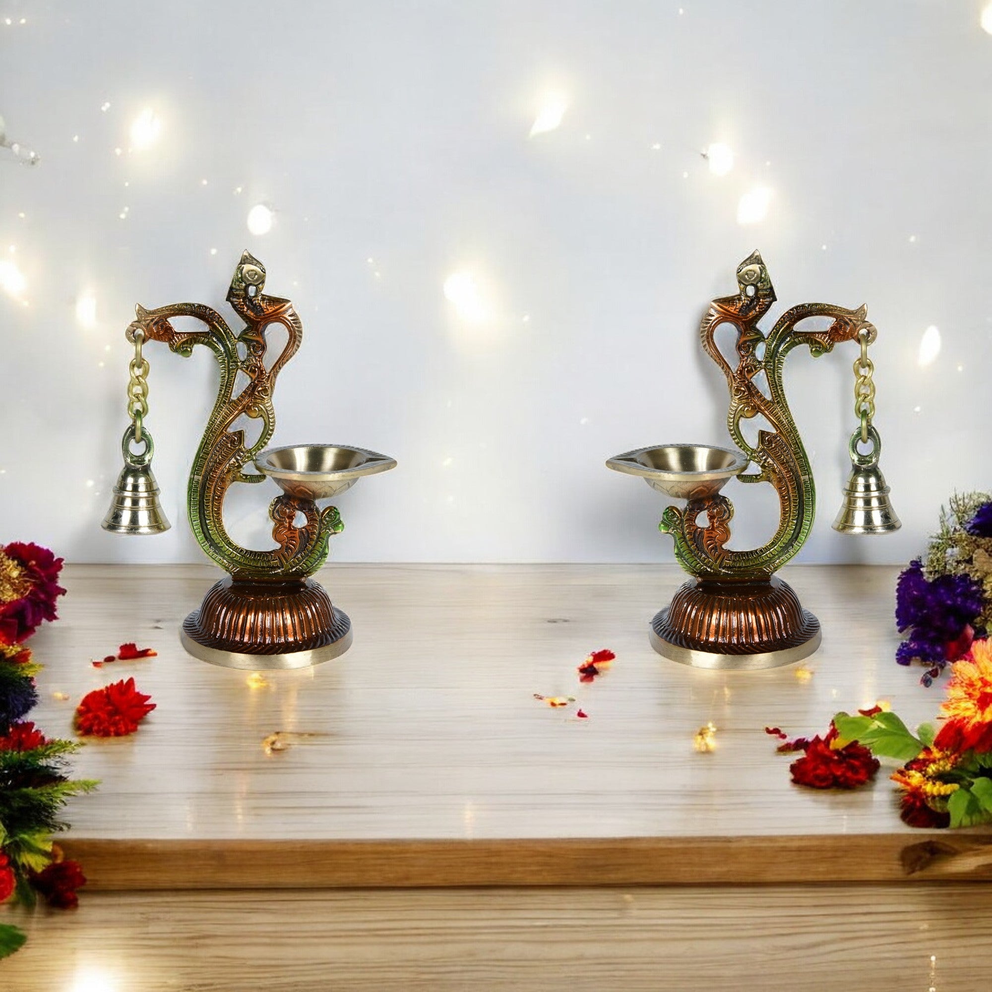 Brass Colored Diya with Bells