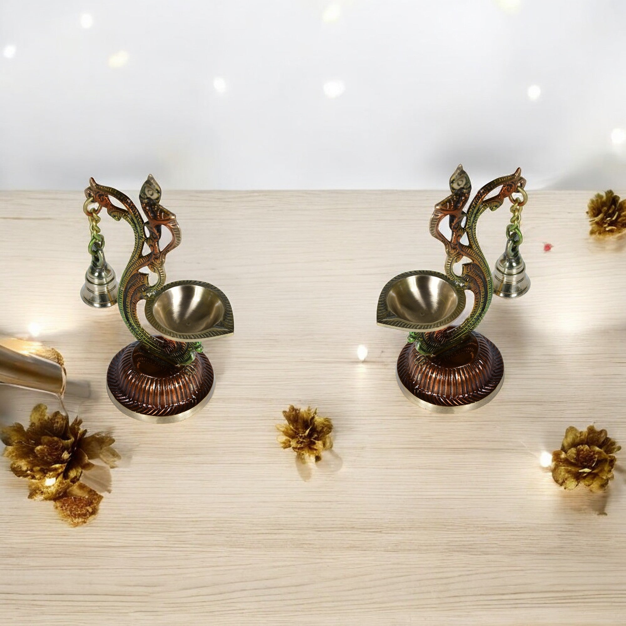 Brass Colored Diya with Bells