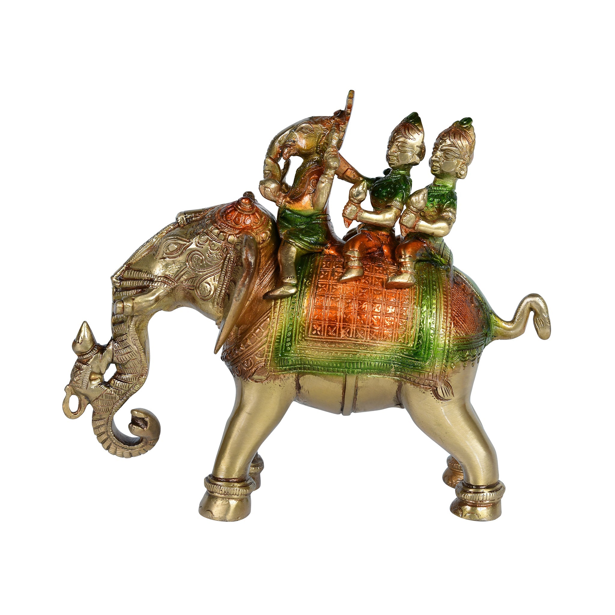 Pure BrassHandcrafted Colored Ridhi Sidhi Ganesh Ji Sitting on Elephant - 8" Height