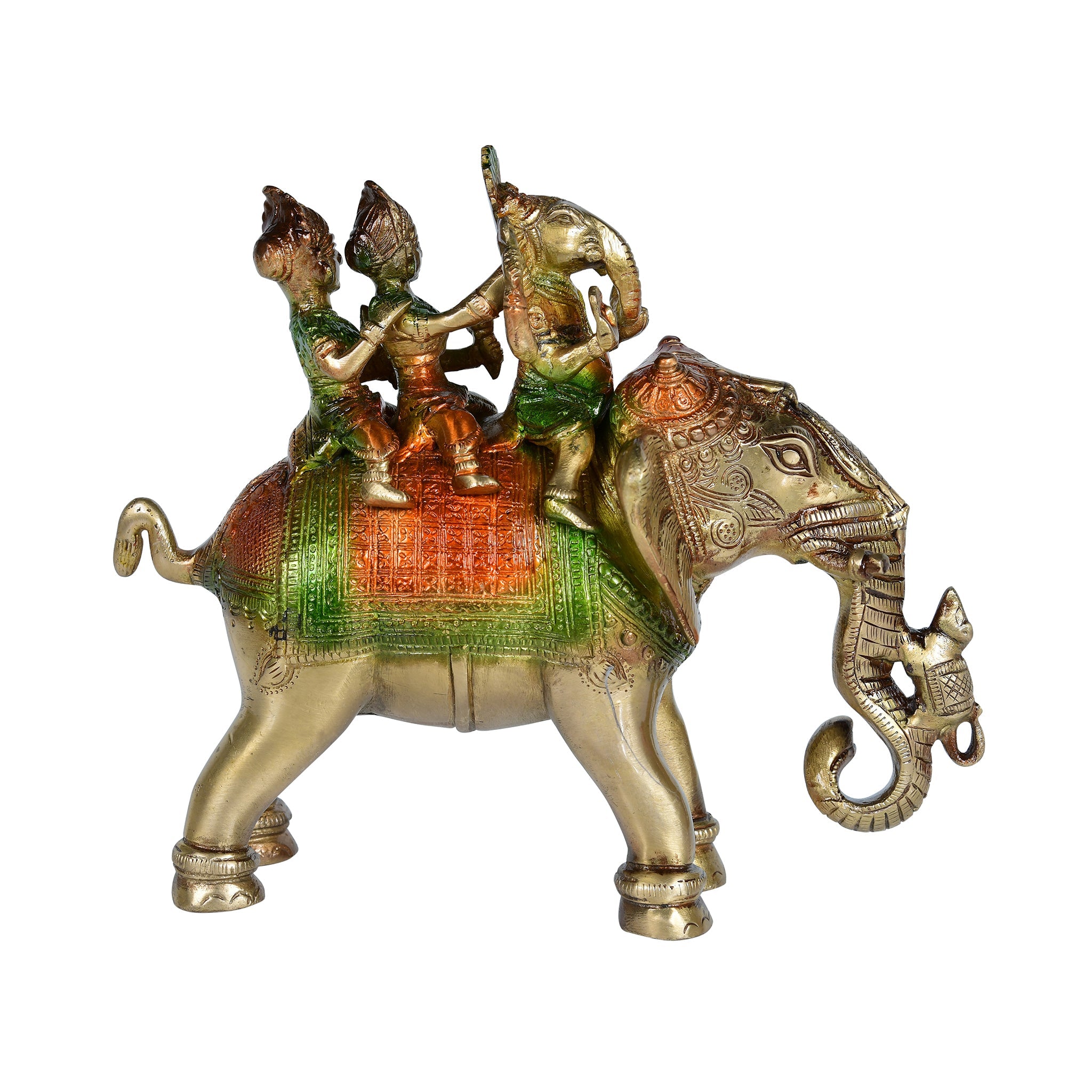 Pure BrassHandcrafted Colored Ridhi Sidhi Ganesh Ji Sitting on Elephant - 8" Height