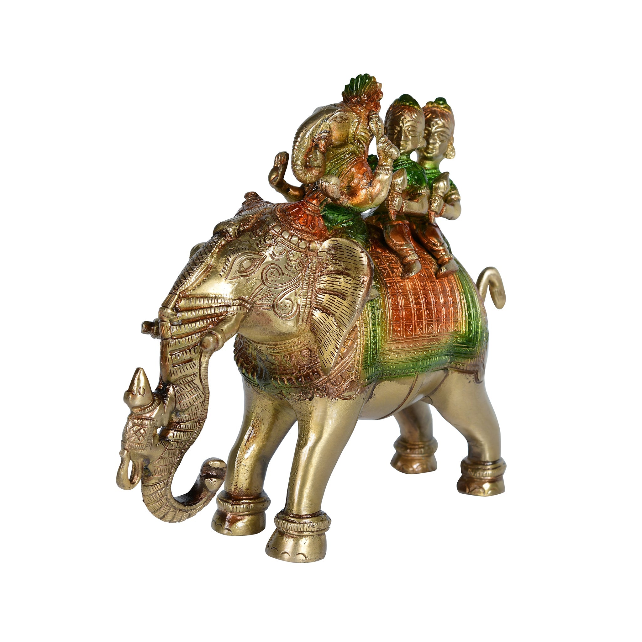 Pure BrassHandcrafted Colored Ridhi Sidhi Ganesh Ji Sitting on Elephant - 8" Height