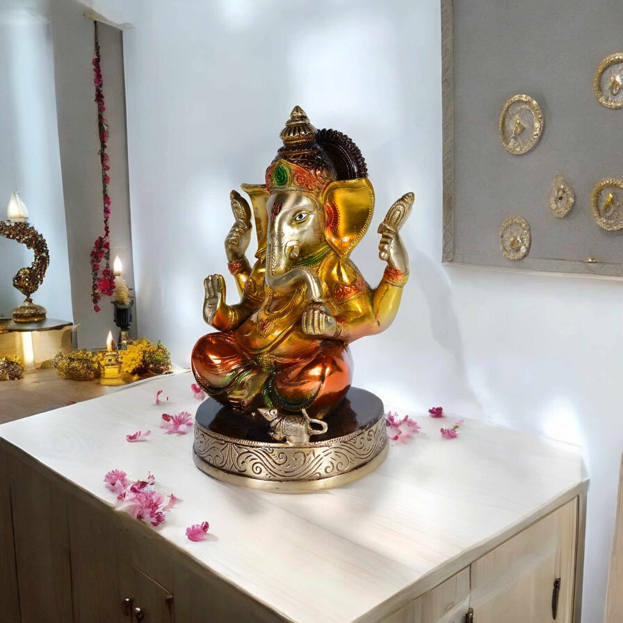 Brass Ganesh Ji Sitting on Gaddi - 8" Height