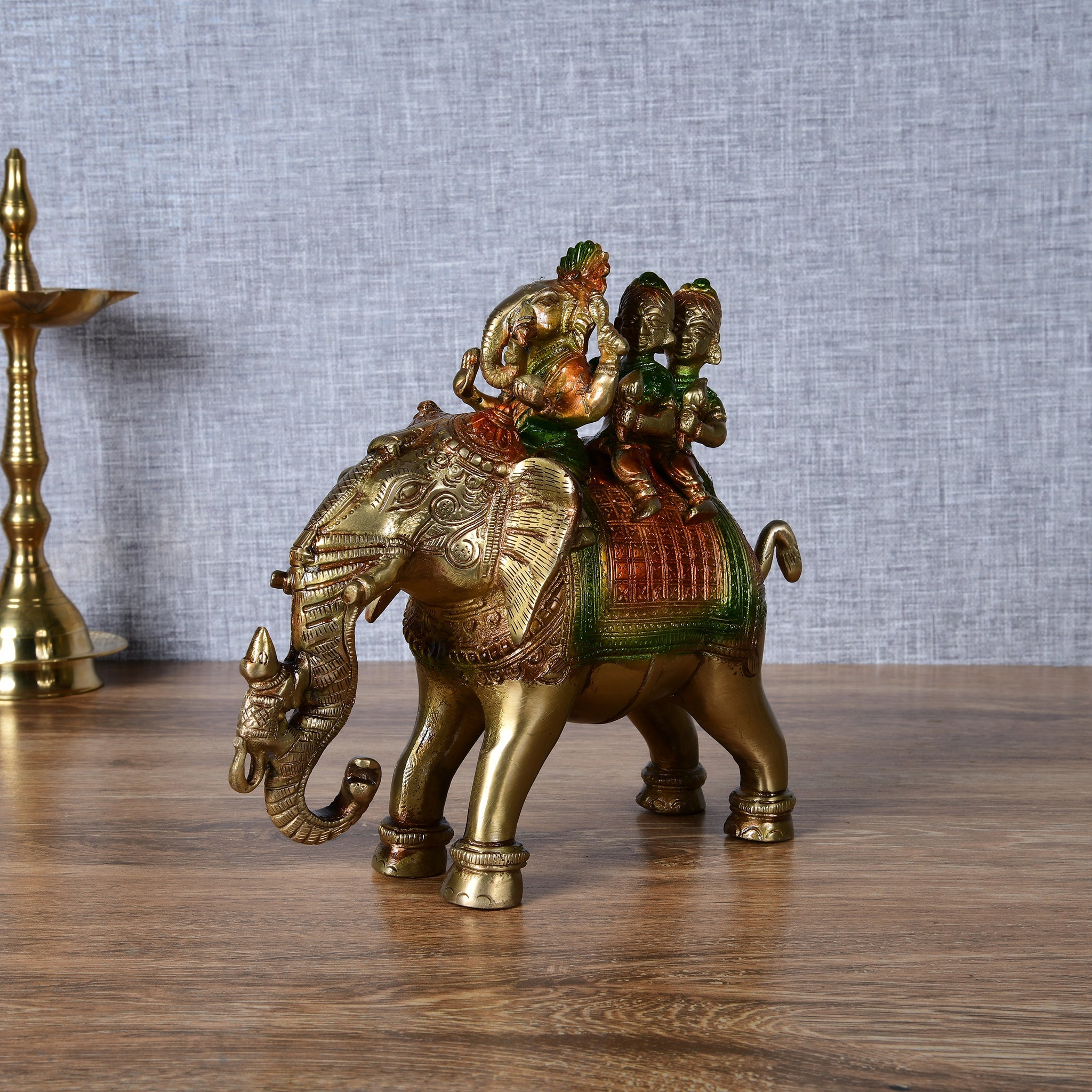 Pure BrassHandcrafted Colored Ridhi Sidhi Ganesh Ji Sitting on Elephant - 8" Height