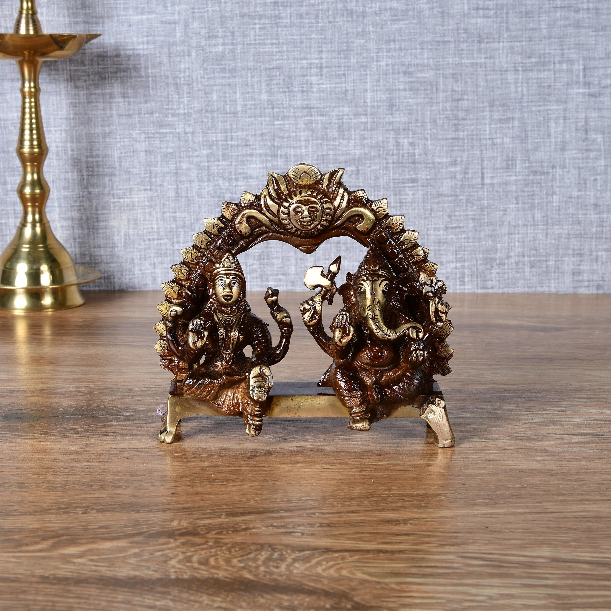 Brass Antique Lakshmi Ganesh Seated with Arch