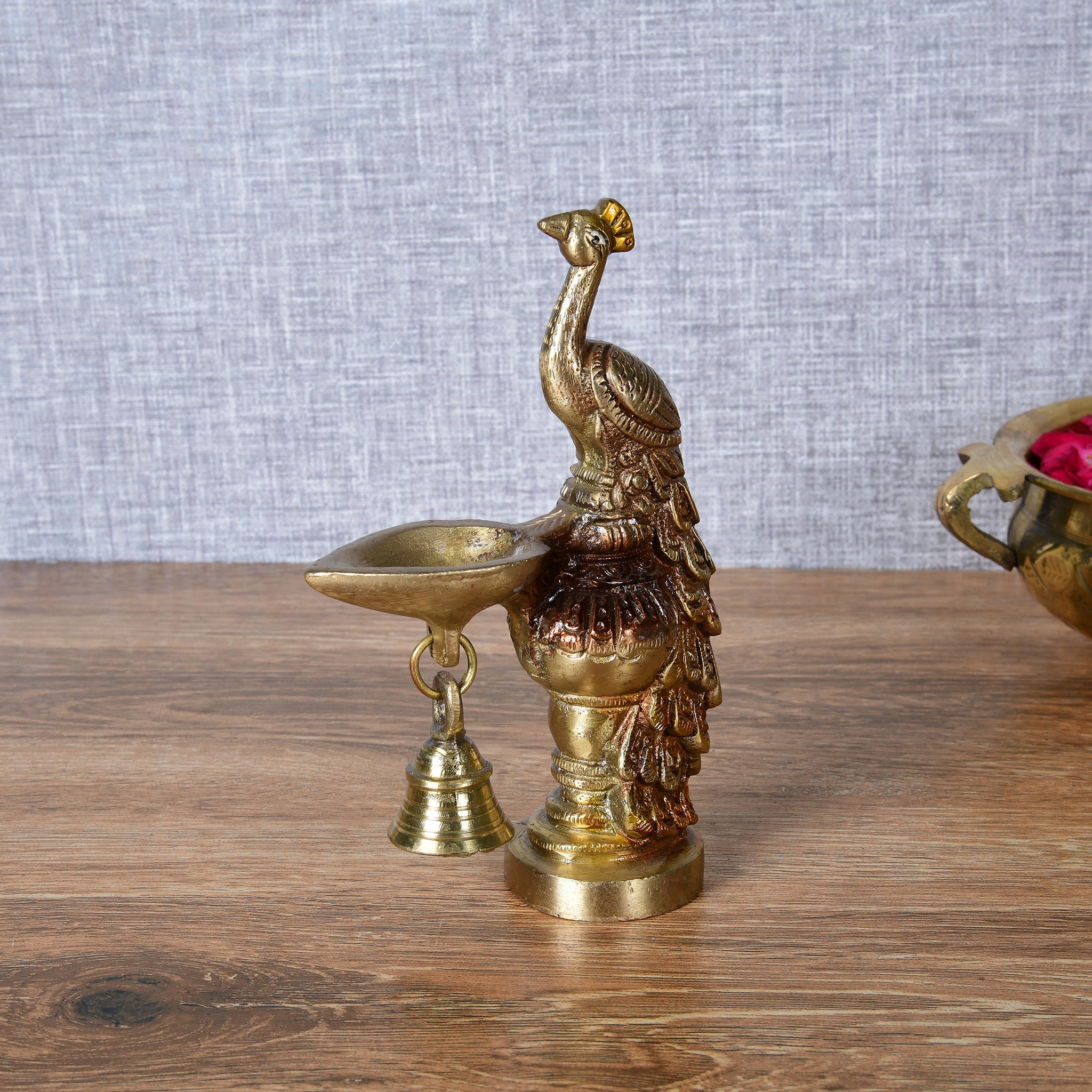 Majestic Peacock Brass Diya with Hanging Bell – Auspicious Pooja & Home Décor