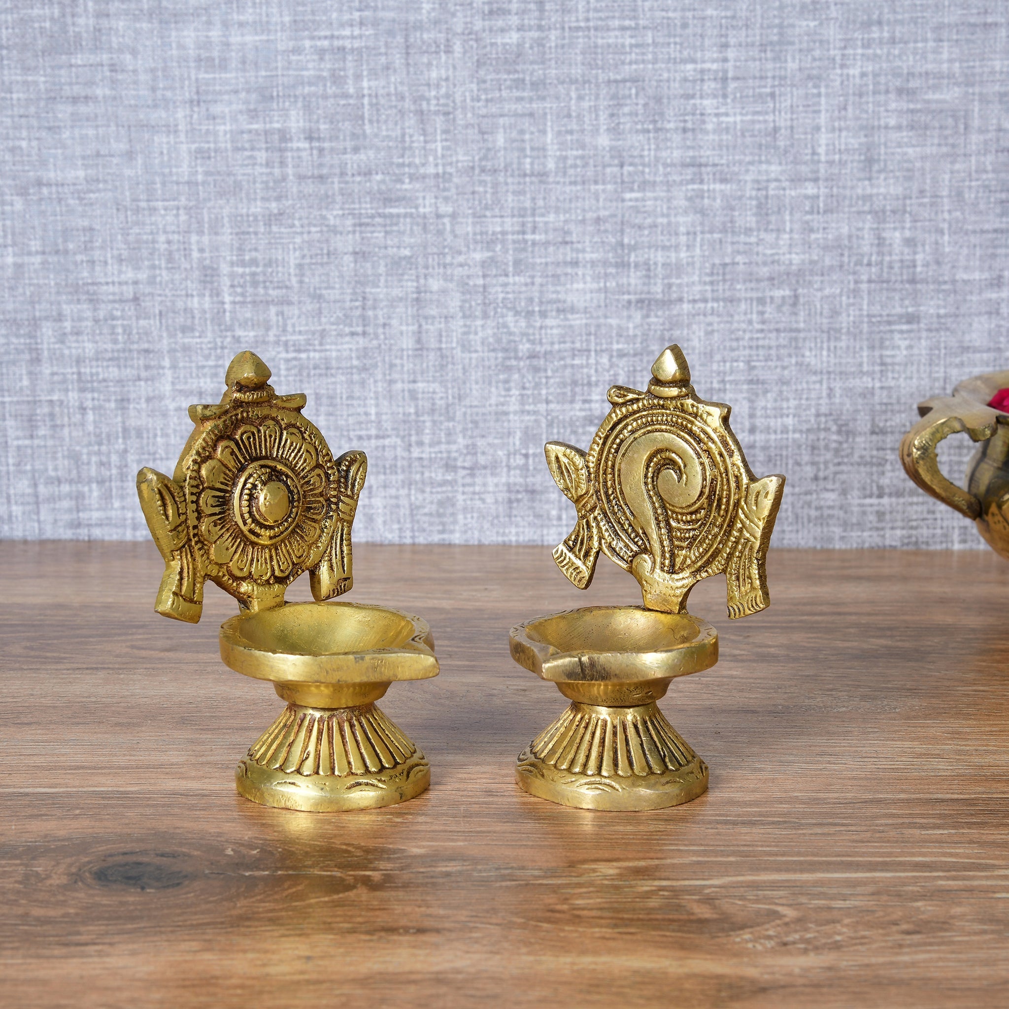 Brass Shankh Chakra Diya Pair – Sacred Twin Oil Lamps