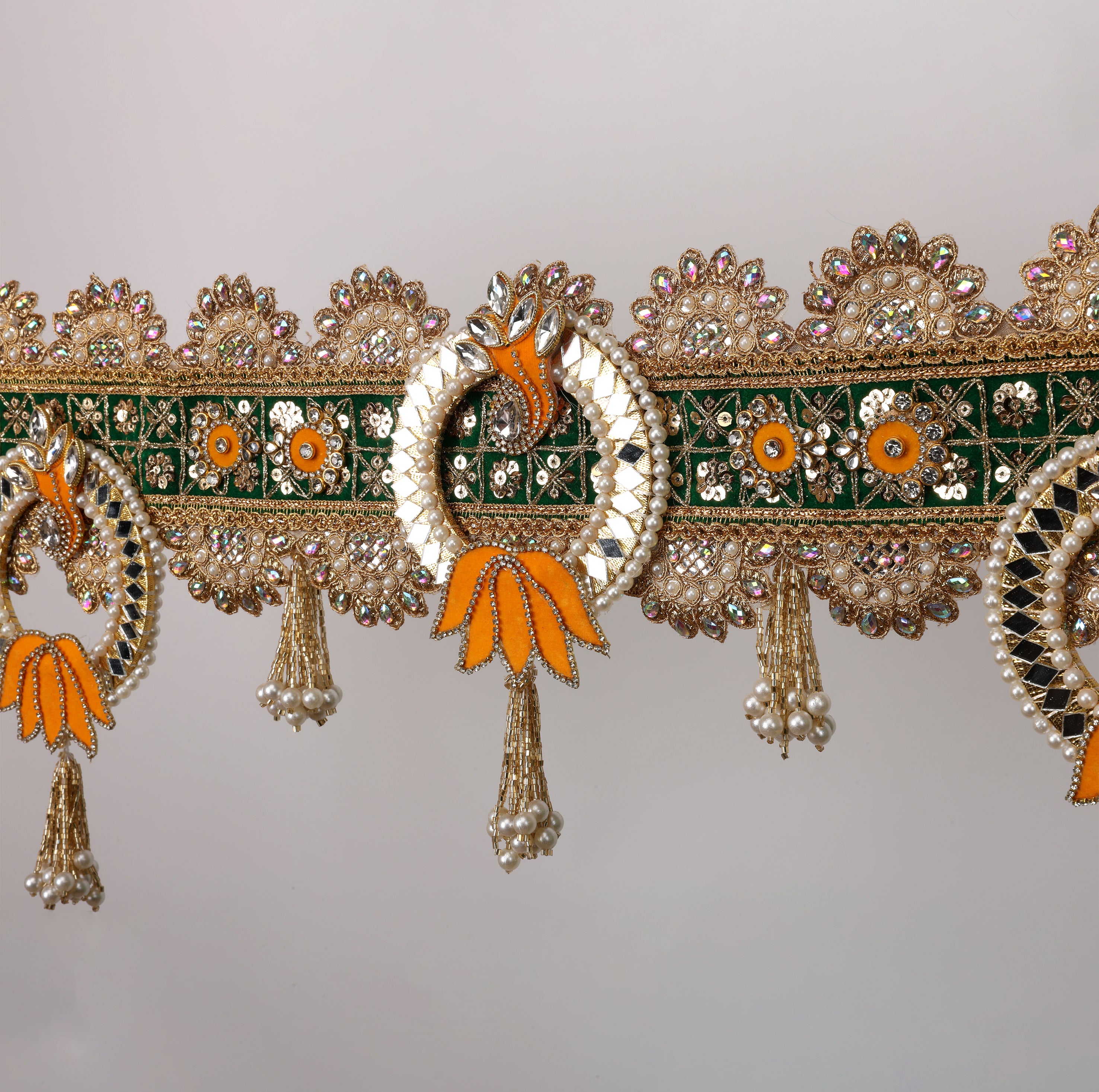 Neelkanth Toran – Elegant Green & Orange Decorative Door Hanging with Floral Motifs