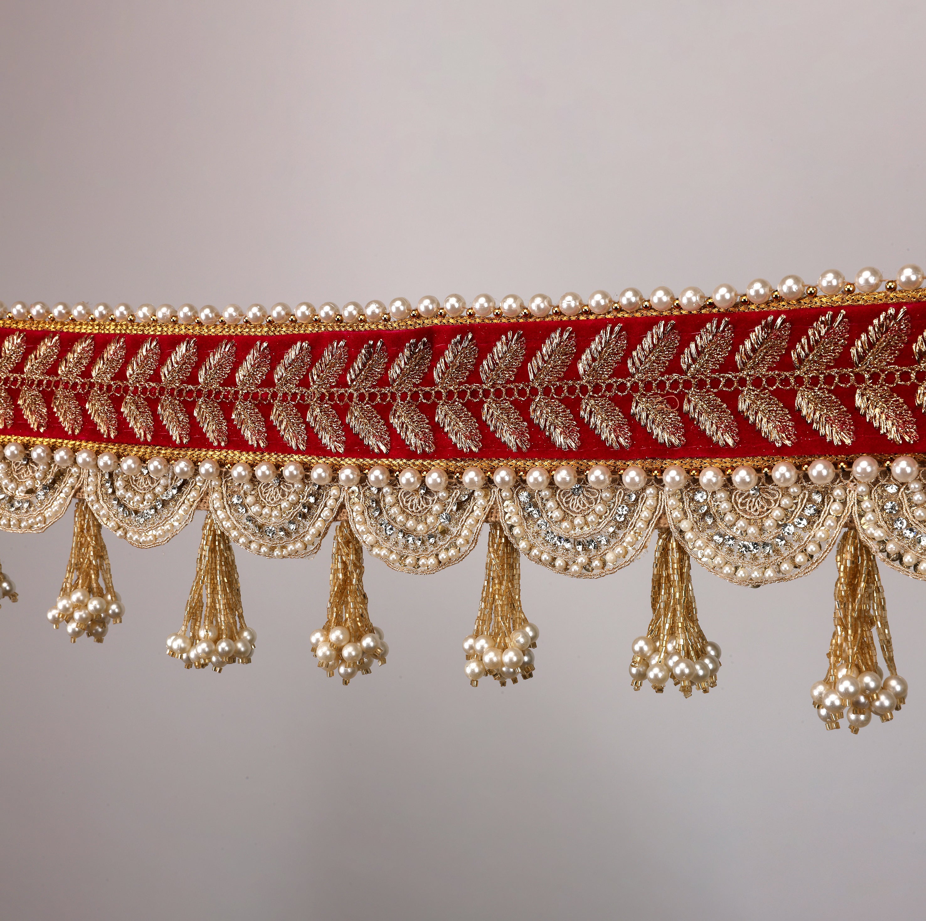 Rajwadi Red Toran – Traditional Door Hanging with Golden Embroidery & Pearl Tassels