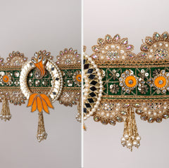 Neelkanth Toran – Elegant Green & Orange Decorative Door Hanging with Floral Motifs