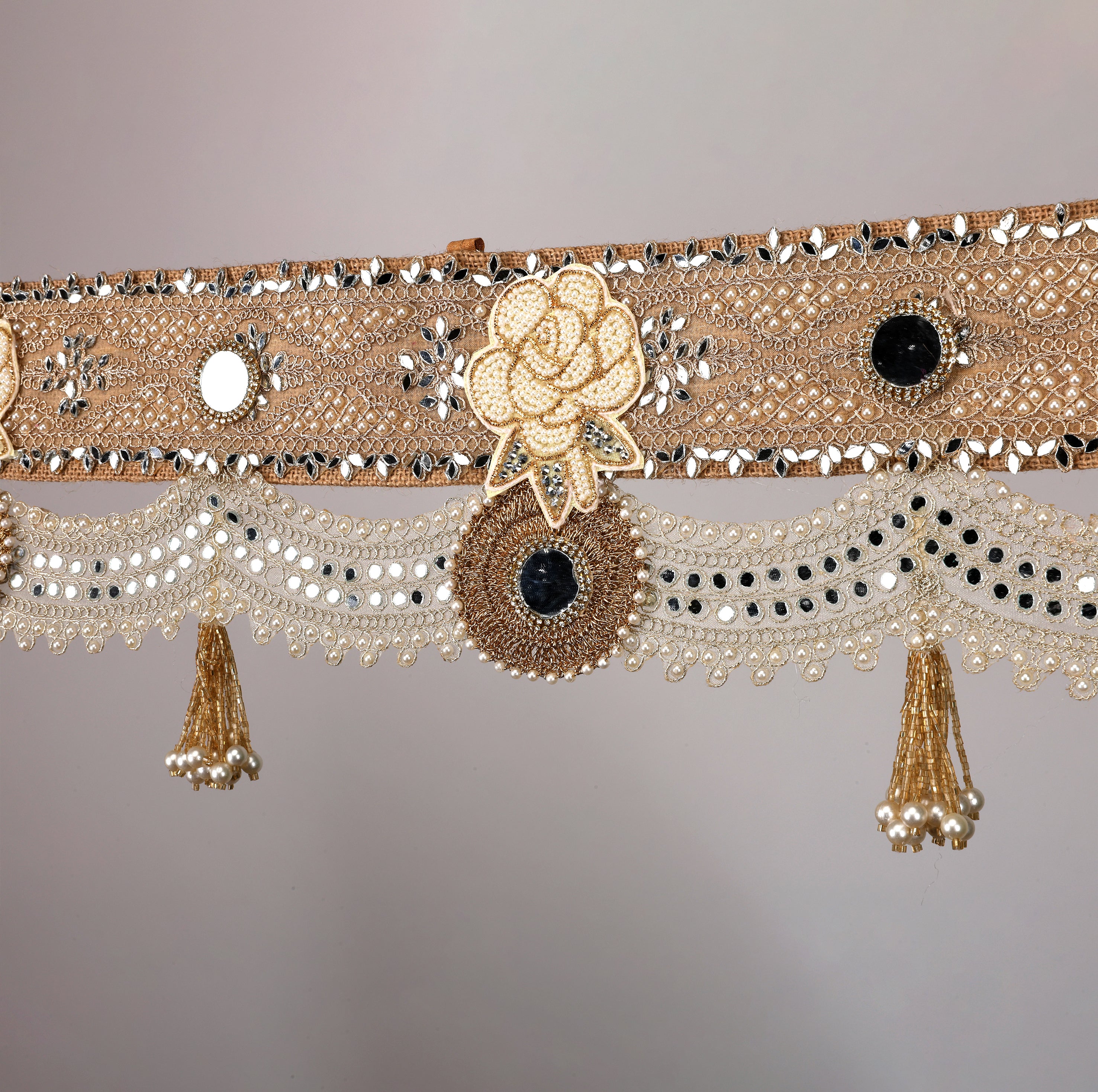 Swarna Phool Toran – Golden Floral Door Hanging with Beads & Traditional Embroidery