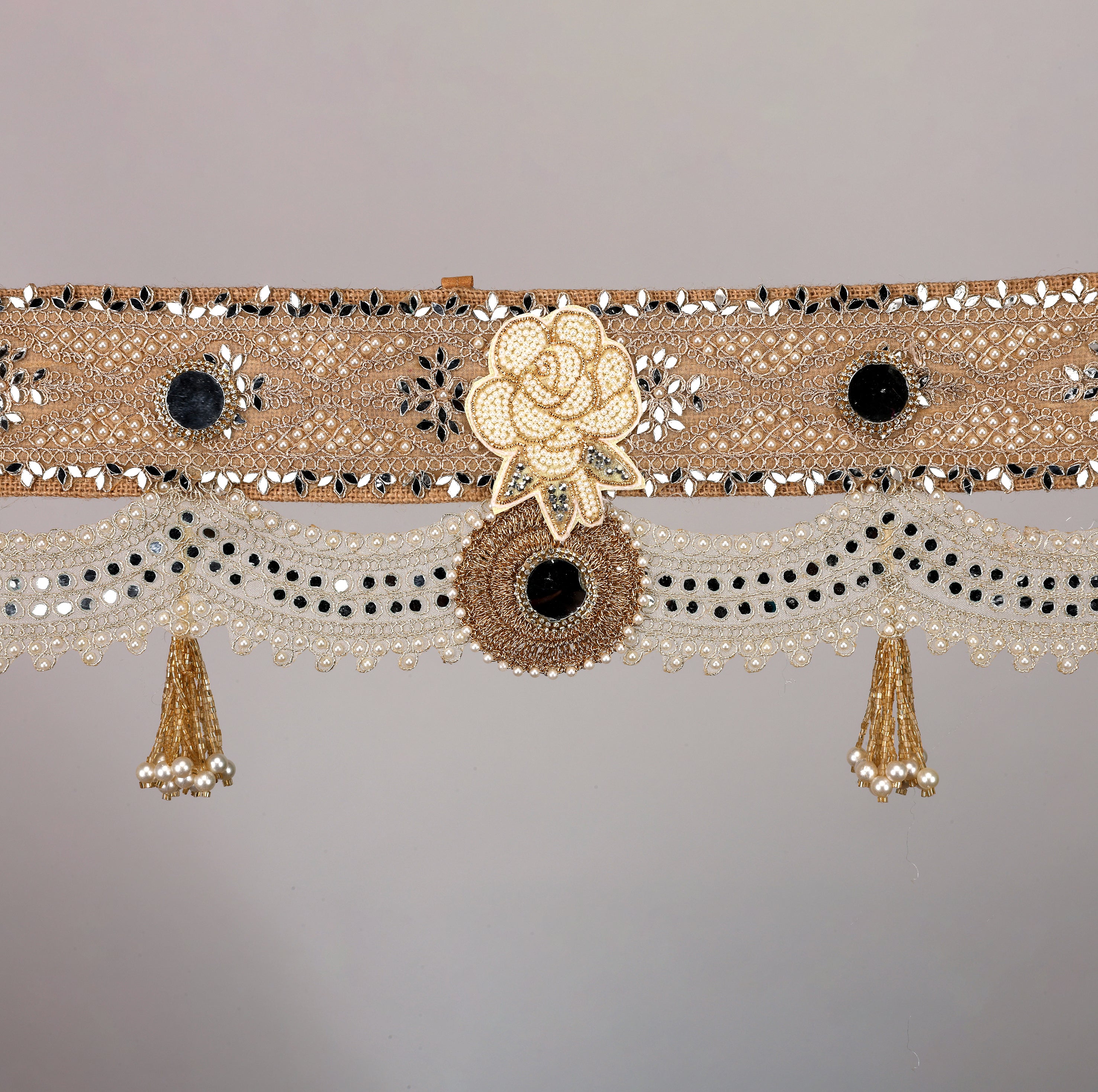 Swarna Phool Toran – Golden Floral Door Hanging with Beads & Traditional Embroidery