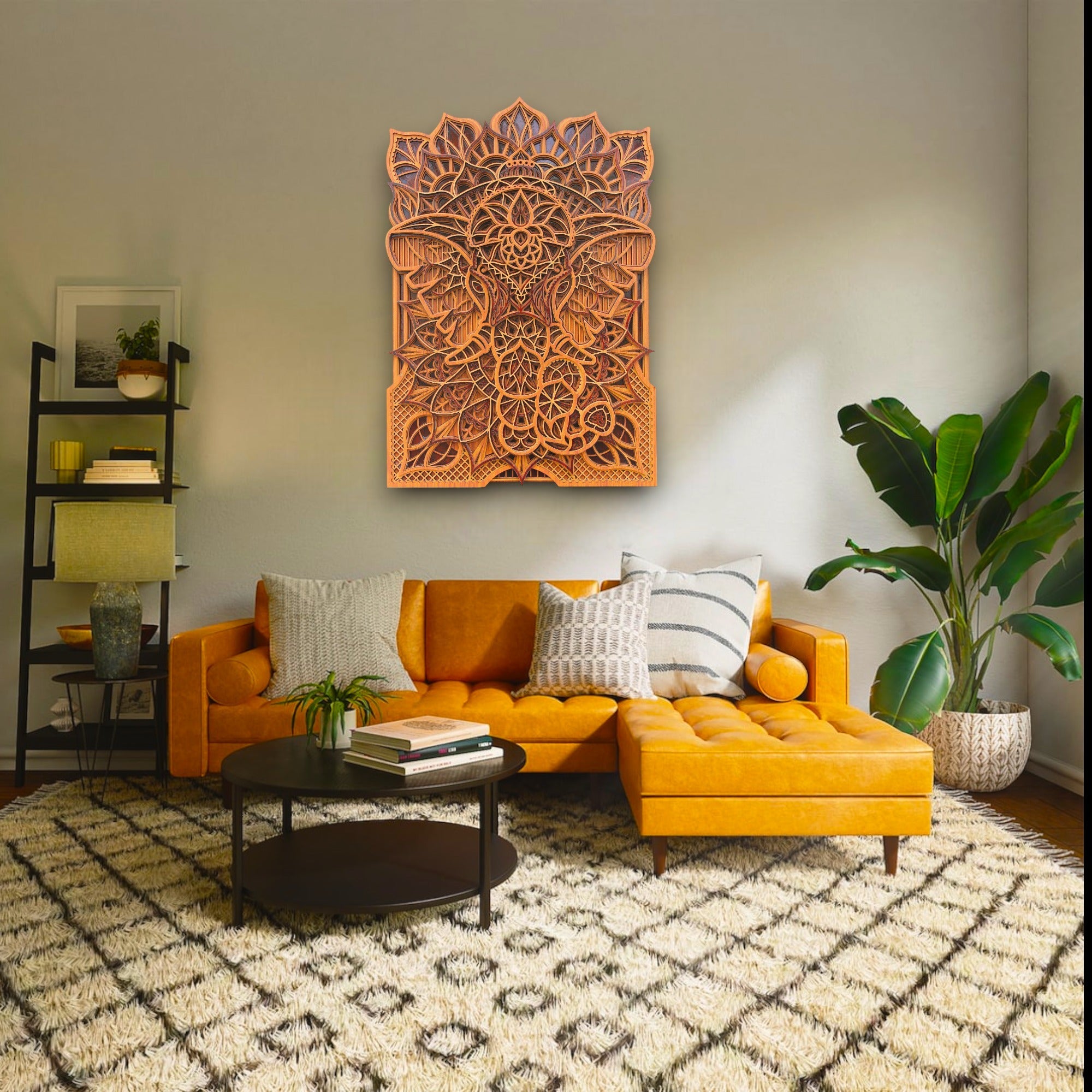 Elephant Traditional 3 Tome Rectangle -, Spiritual Wall Art, Meditation Altar Gift, Home Decor Wooden Wall Hanging, Animal Decor