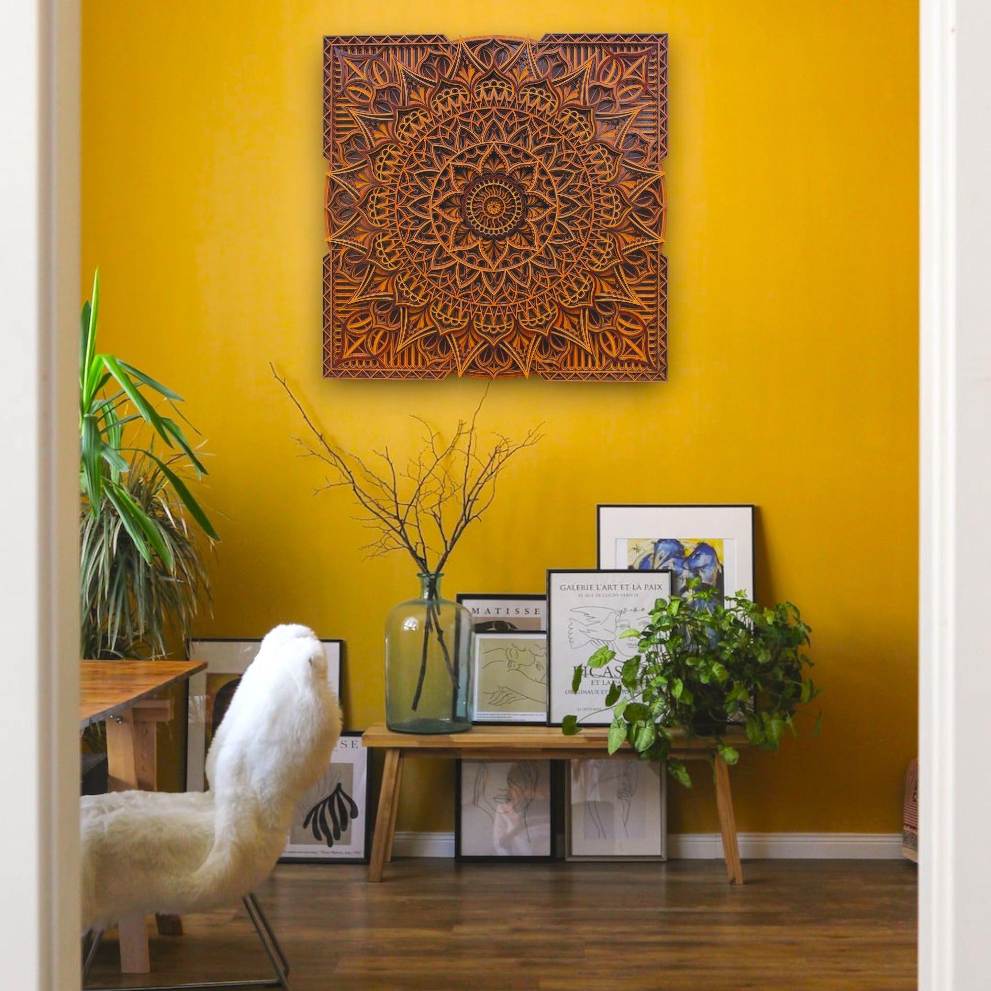 Square Traditional 3 tome Wooden Mandala Art Wall Hanging- Decor, Living room, Study, Studio, Gift